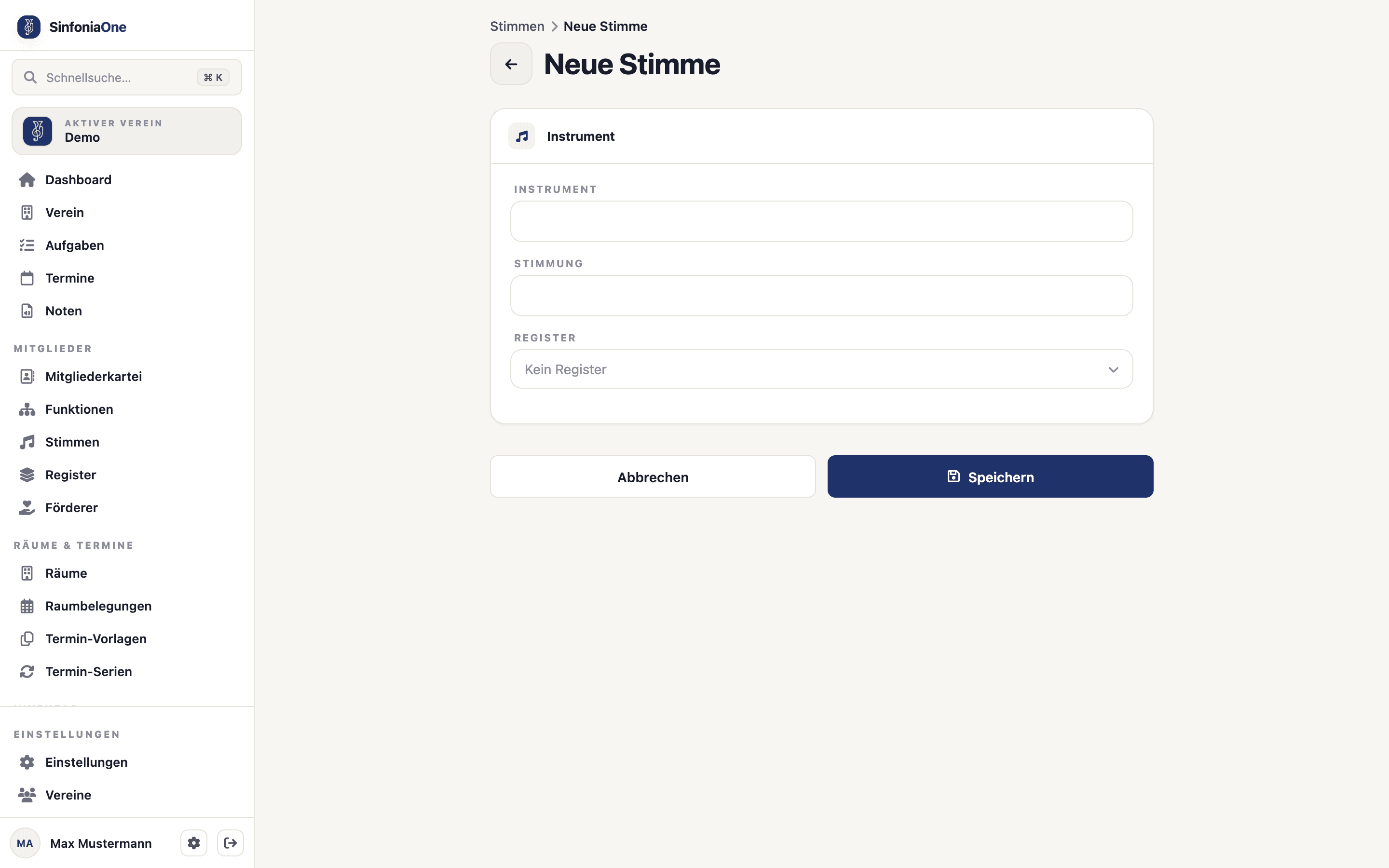 Part form (PartFormScreen) with name and section selection