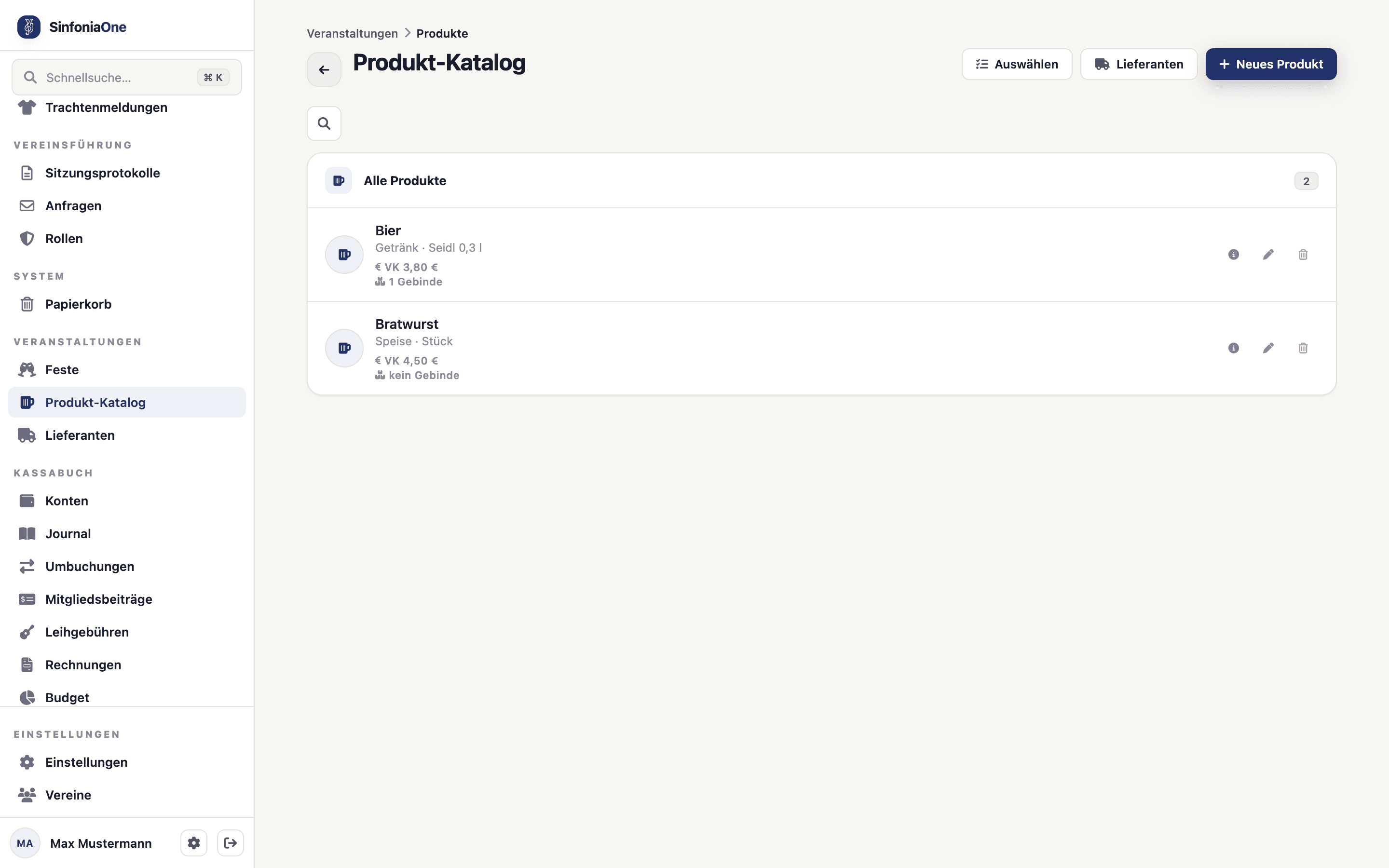 Product catalog (ProductCatalogScreen) with drinks and food