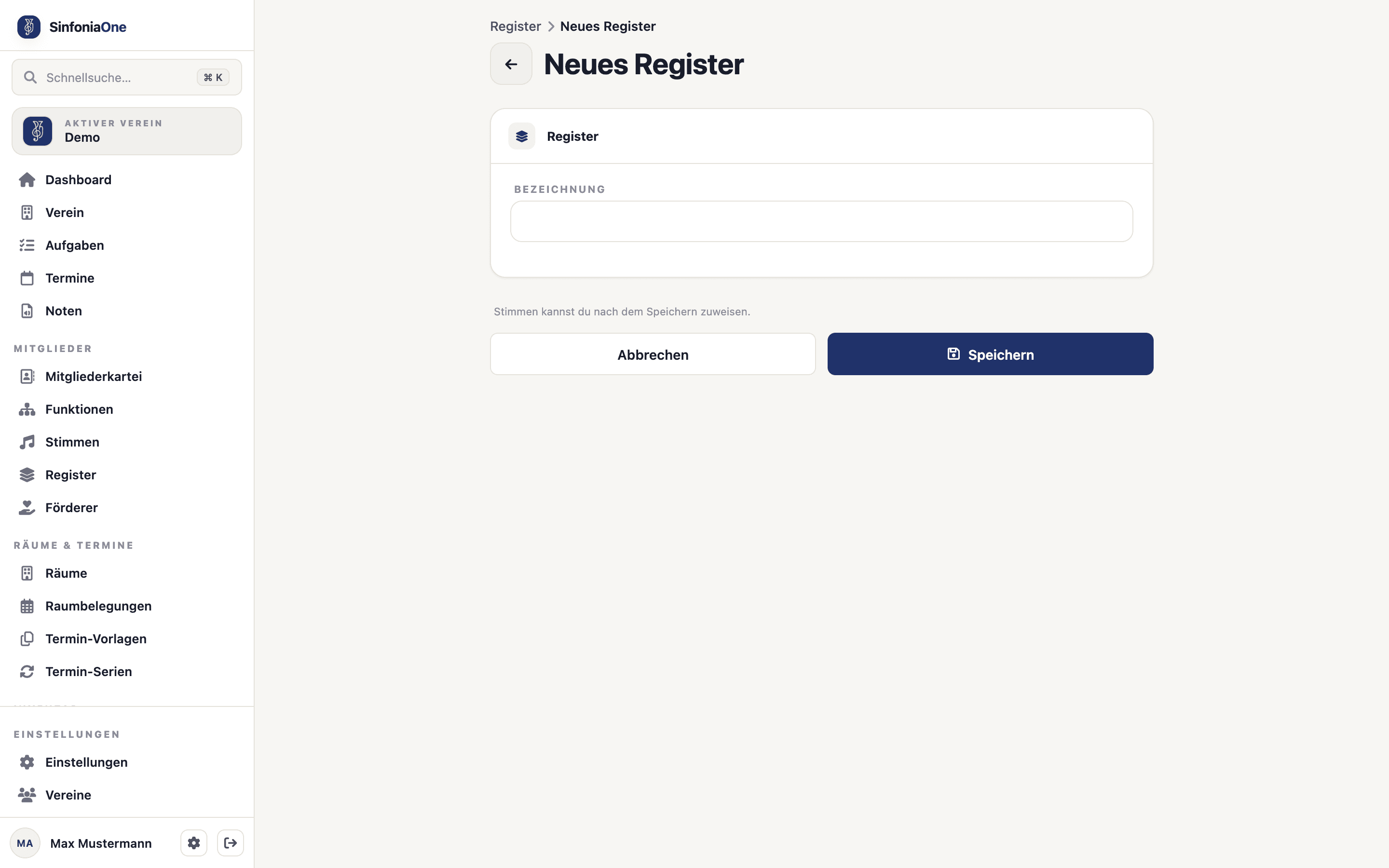 Section form (RegisterFormScreen) with a name field