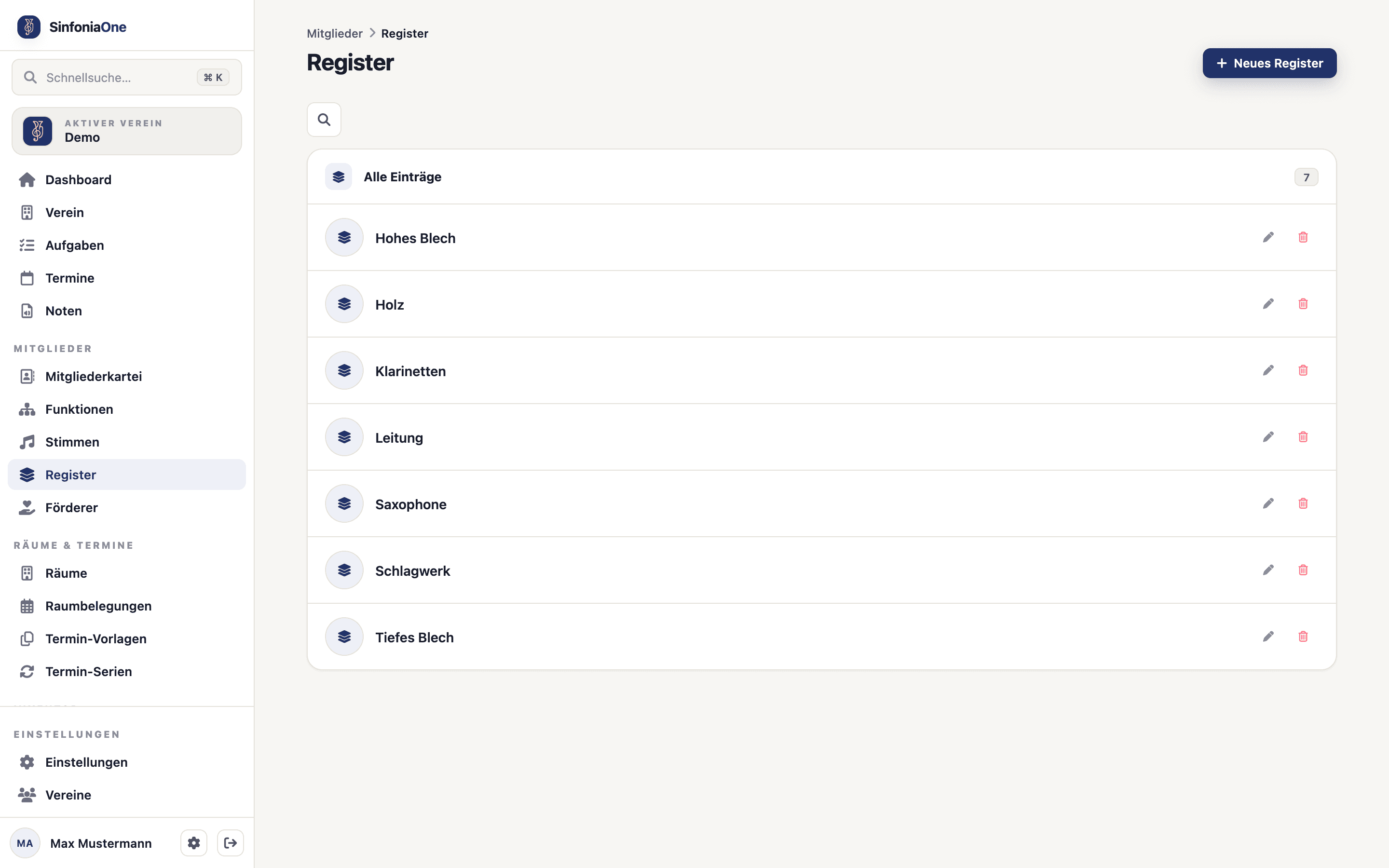 Sections list (RegistersScreen) with groups like woodwind, brass, percussion