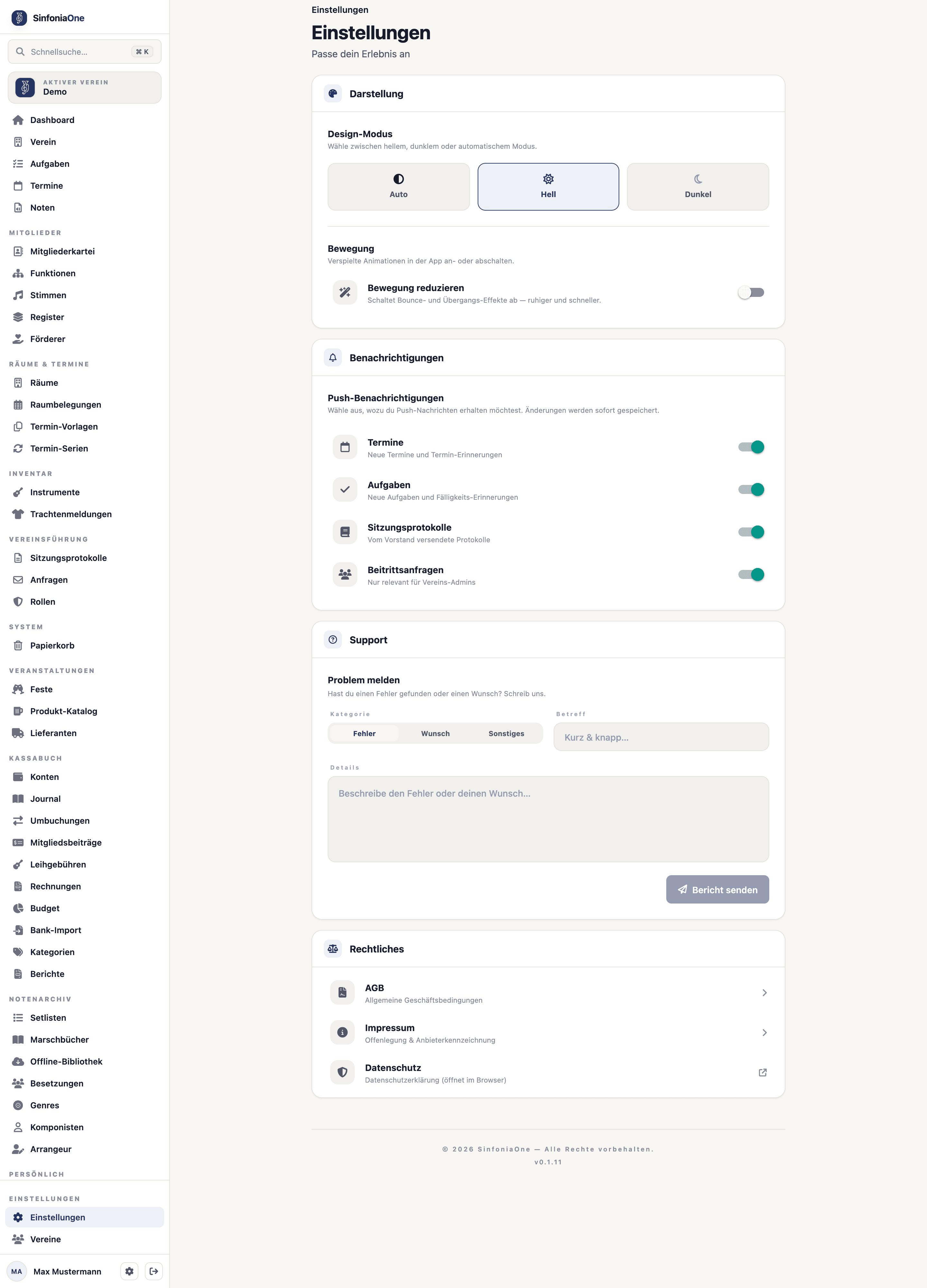 Settings (SettingsScreen) with Appearance, Motion, Notifications, and Legal