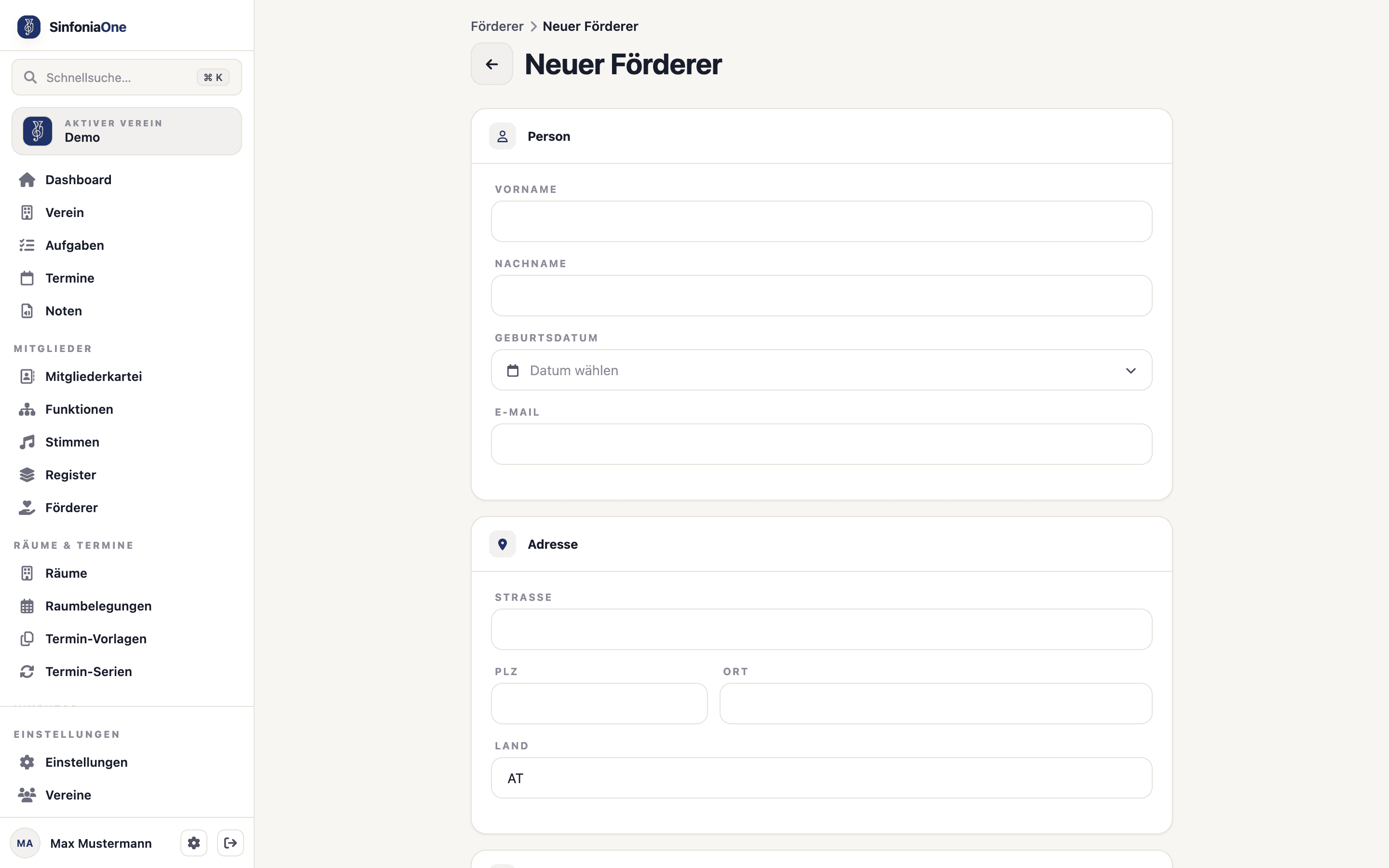 Supporter form (SupporterFormScreen) with name, address and contact