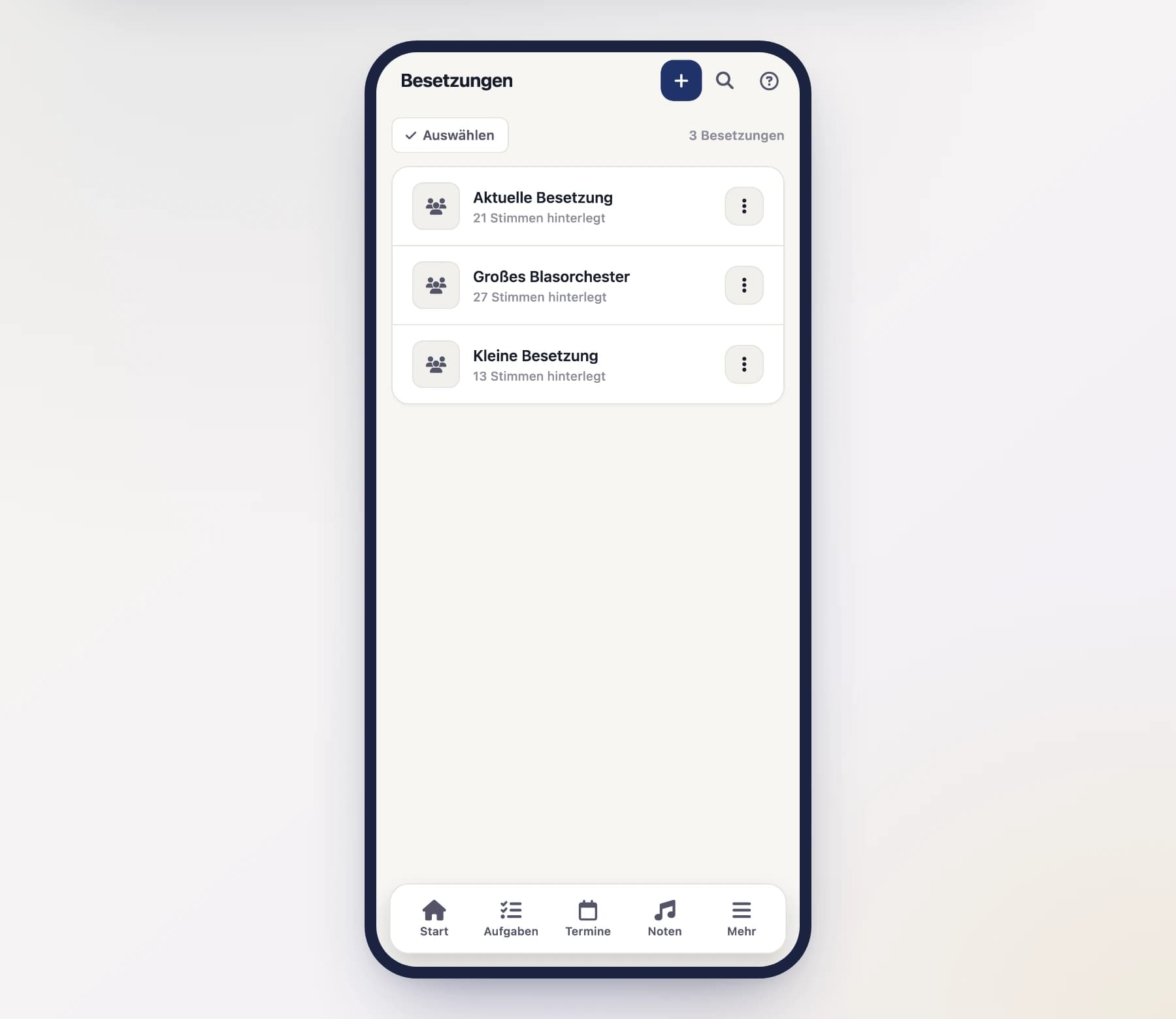 Besetzungs-Übersicht (EnsemblesScreen) mit Liste der Besetzungen am Handy