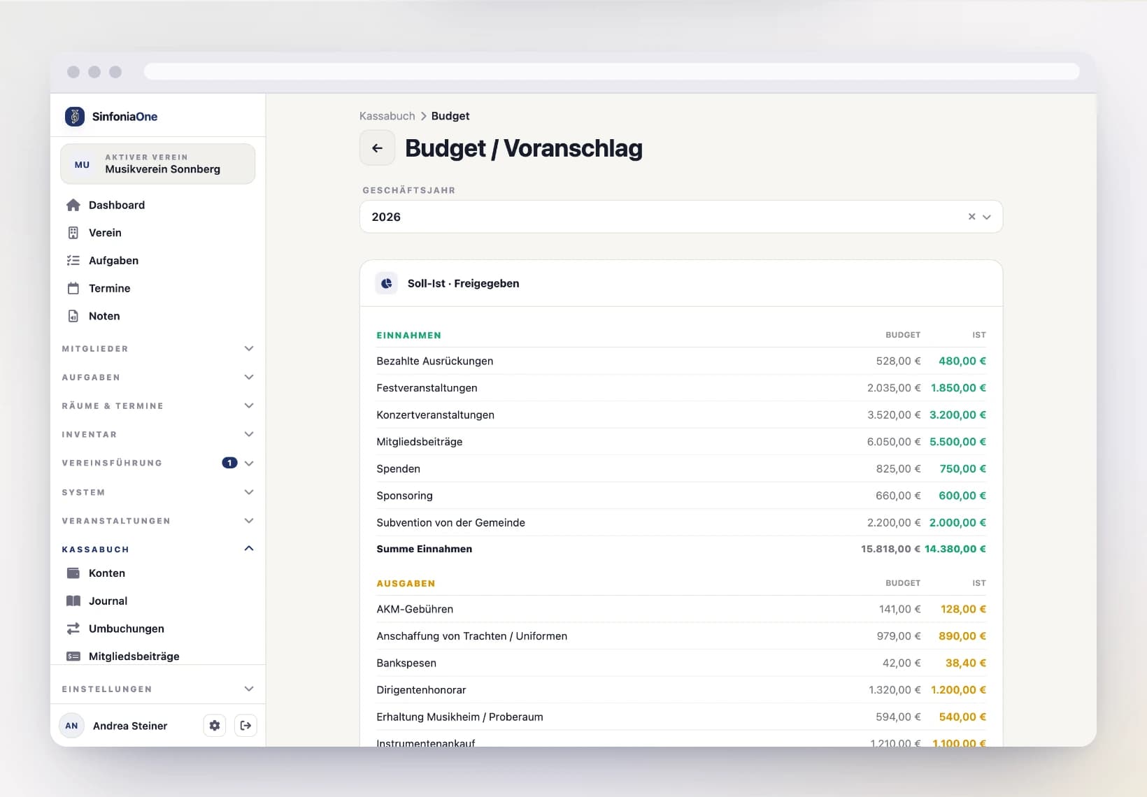 Budget (FinanceBudgetScreen) mit Positionen je Kategorie und Soll-Ist-Vergleich am Computer