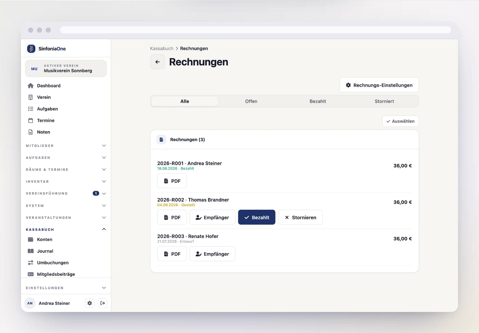 Rechnungen (FinanceInvoicesScreen) mit Rechnungsliste und Vorschau einer Leihgebühren-Rechnung am Computer