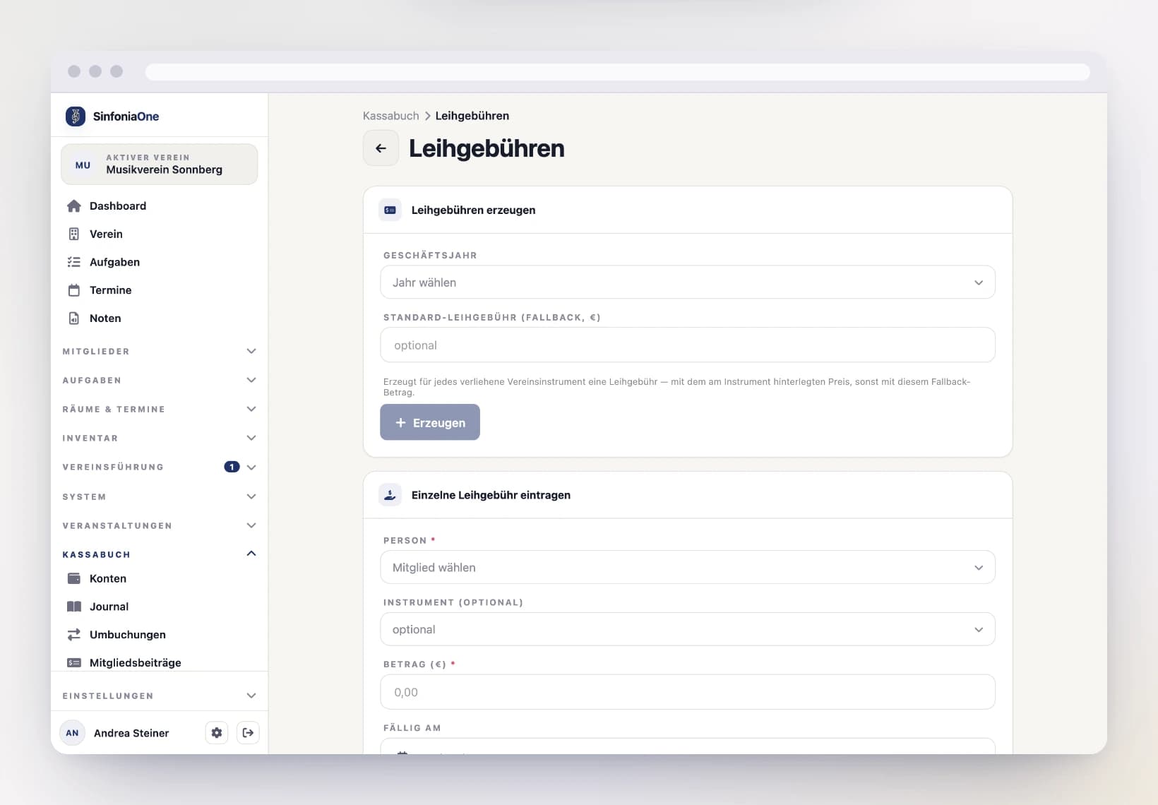 Leihgebühren (FinanceRentalDuesScreen) mit Liste der verliehenen Instrumente und offenen Gebühren am Computer