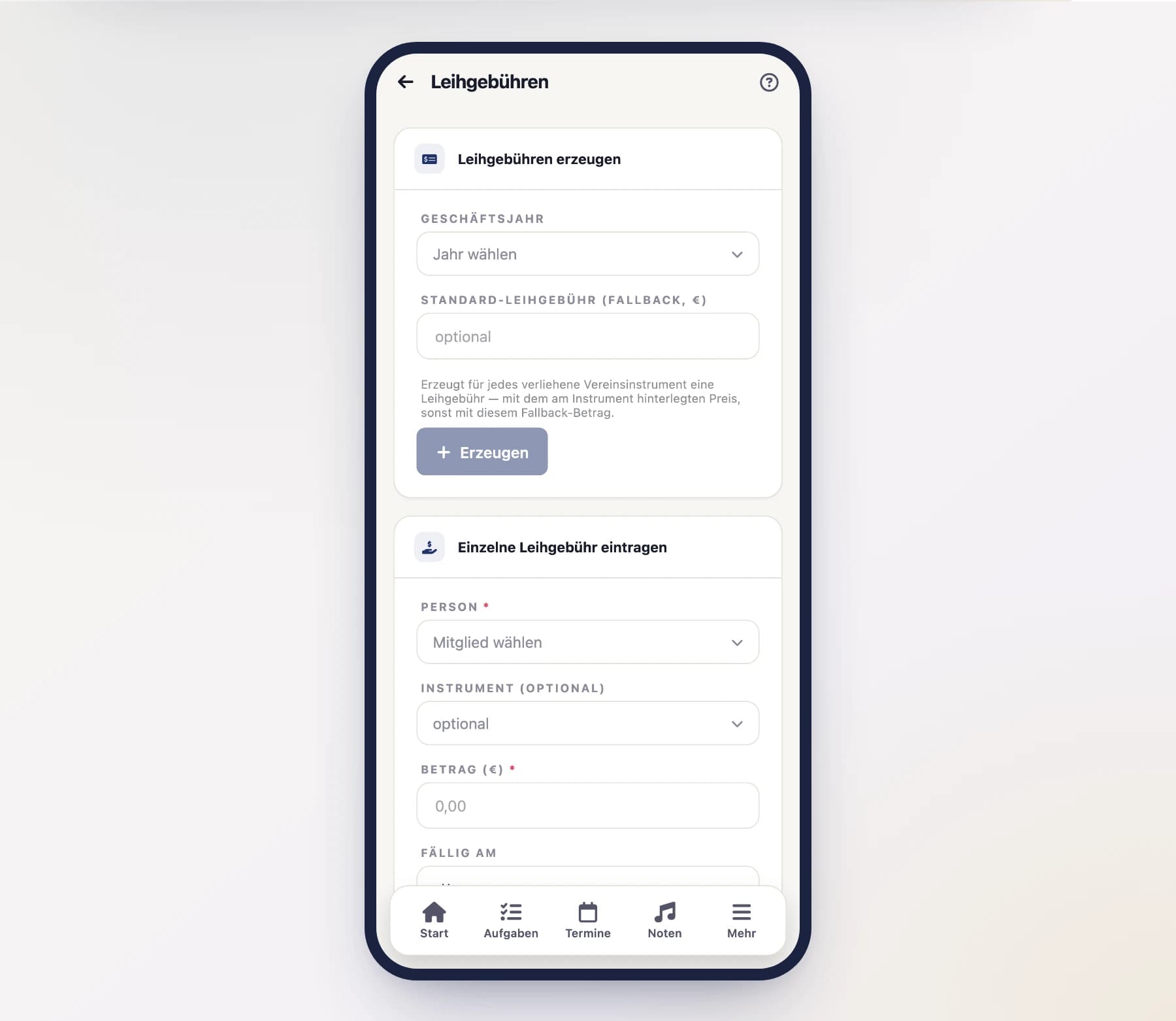 Leihgebühren (FinanceRentalDuesScreen) mit Liste der verliehenen Instrumente und offenen Gebühren am Handy