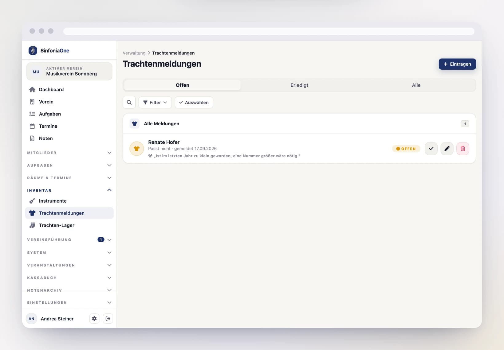 Trachten-Meldungen (GarmentReportsScreen) mit Tabs „Offen / Erledigt / Alle" am Computer