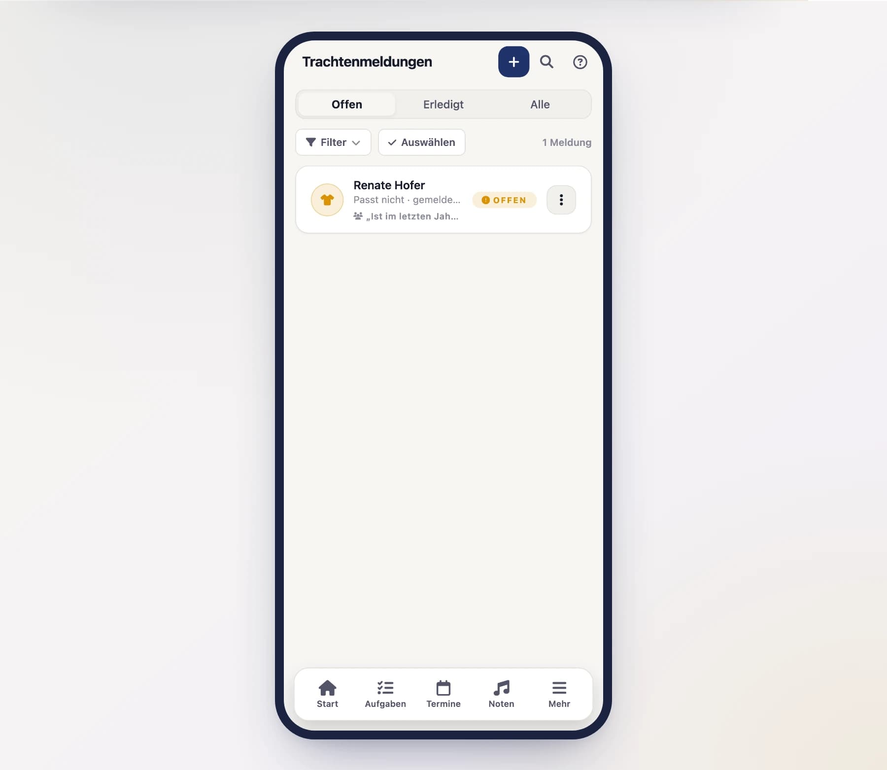 Trachten-Meldungen (GarmentReportsScreen) mit Tabs „Offen / Erledigt / Alle" am Handy