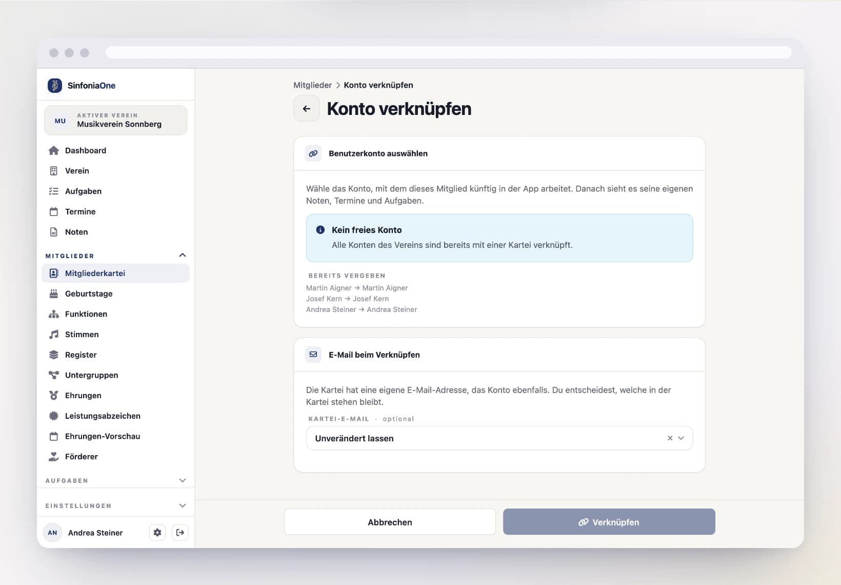 Form “Link account” (MemberLinkFormScreen) on a computer