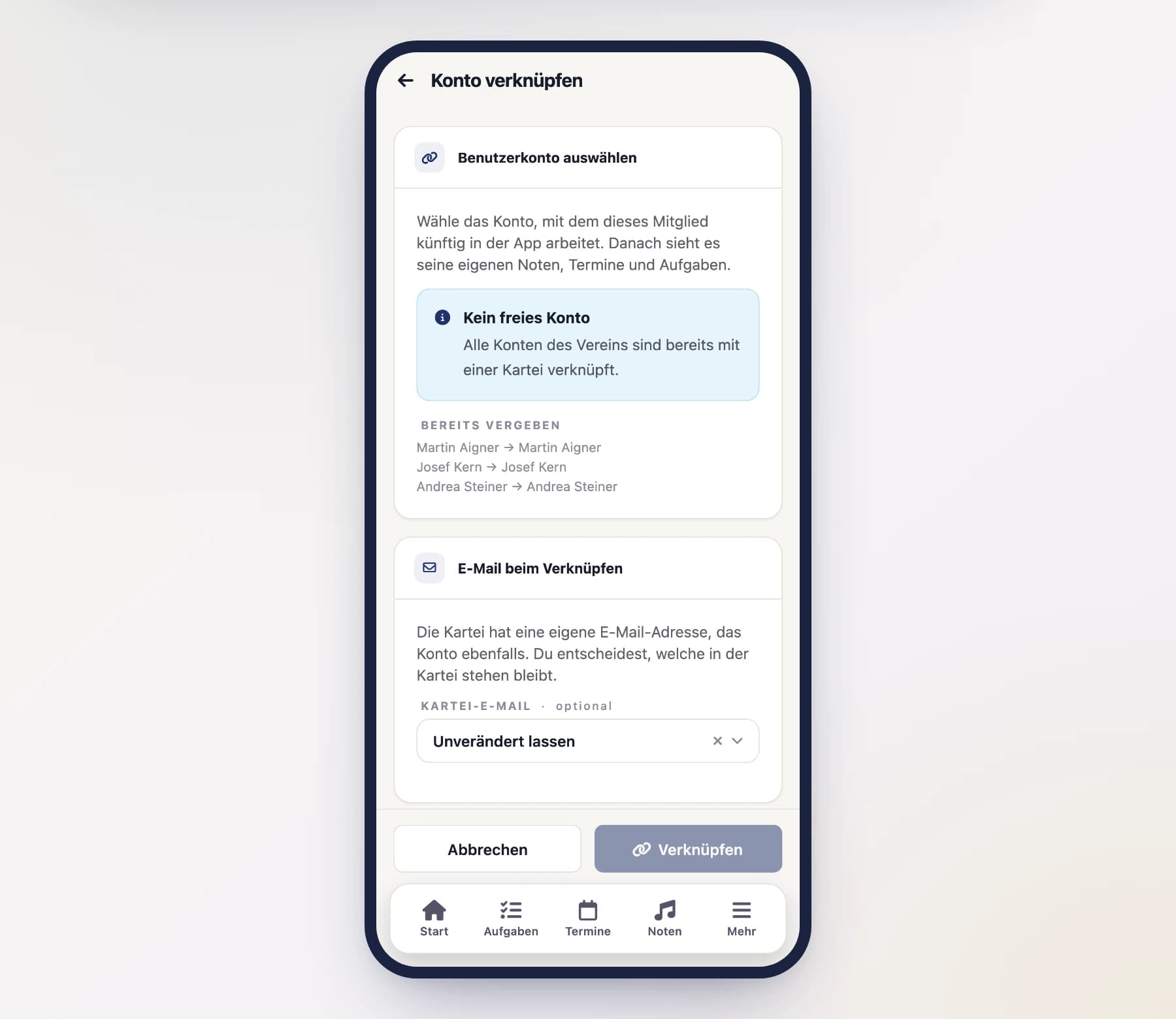 Form “Link account” (MemberLinkFormScreen) on a phone