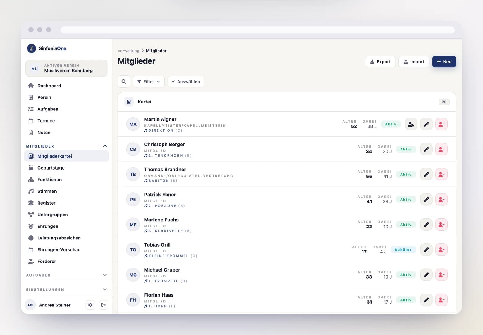 Mitgliederliste (MemberListScreen) mit Suchfeld, Status-Filtern und Mitgliederkarten am Computer
