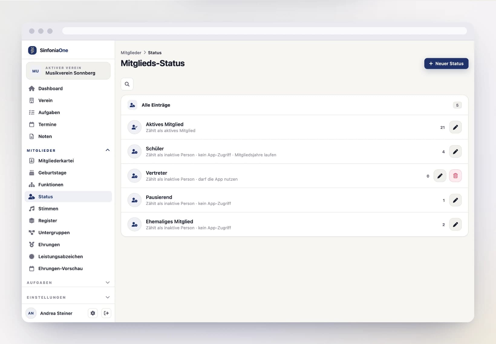 Liste der Mitglieds-Status (MemberStatusesScreen) mit Bezeichnung, Bedeutung und Anzahl der Träger am Computer