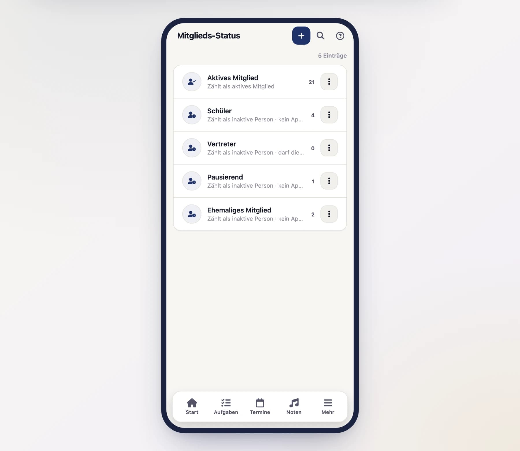 Liste der Mitglieds-Status (MemberStatusesScreen) mit Bezeichnung, Bedeutung und Anzahl der Träger am Handy