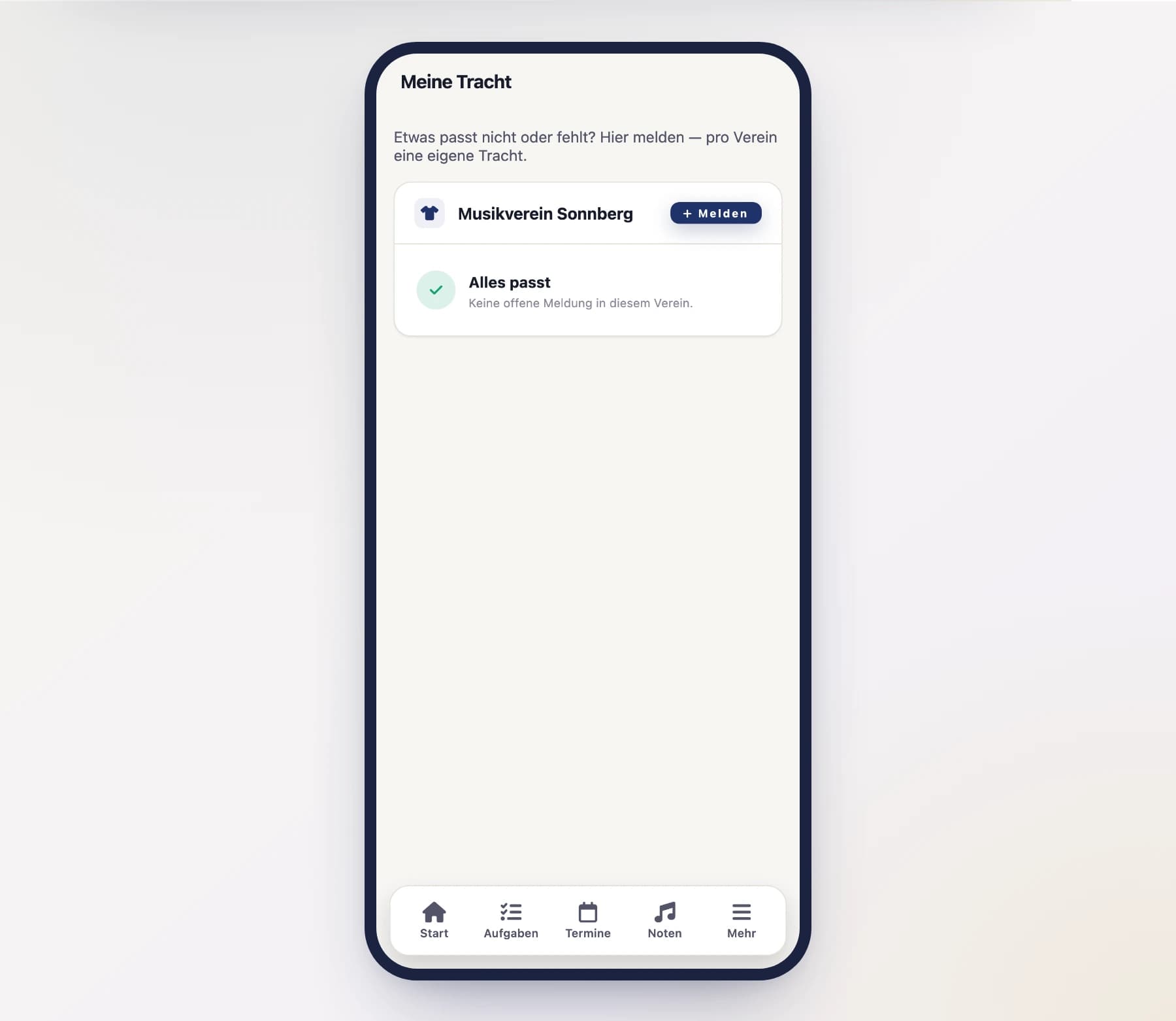 Meine Tracht (MyGarmentScreen) mit Auswahl „Alles passt" und „Problem melden" am Handy