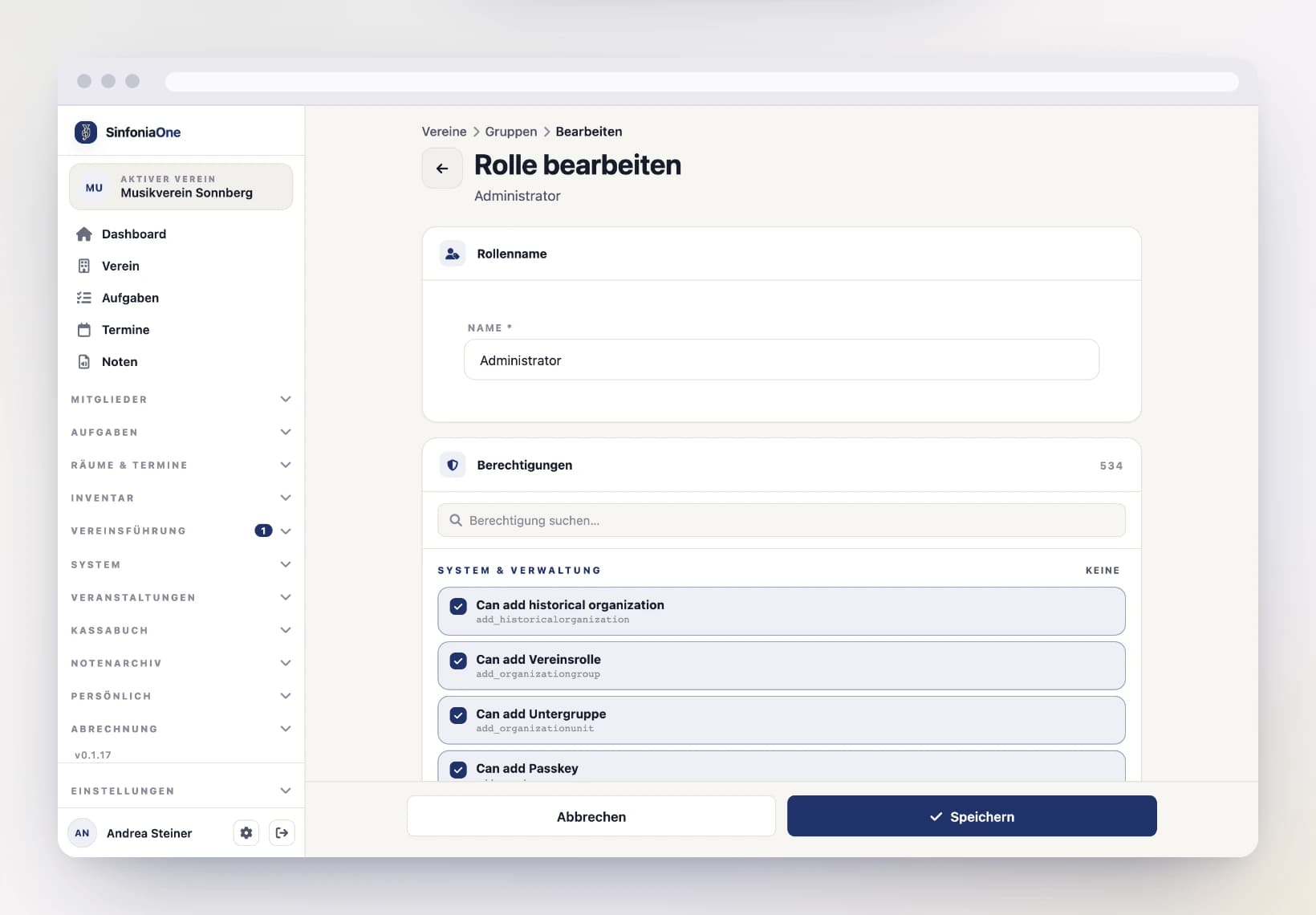 Edit role (OrganizationGroupEditScreen) with permission checkboxes grouped by area on a computer