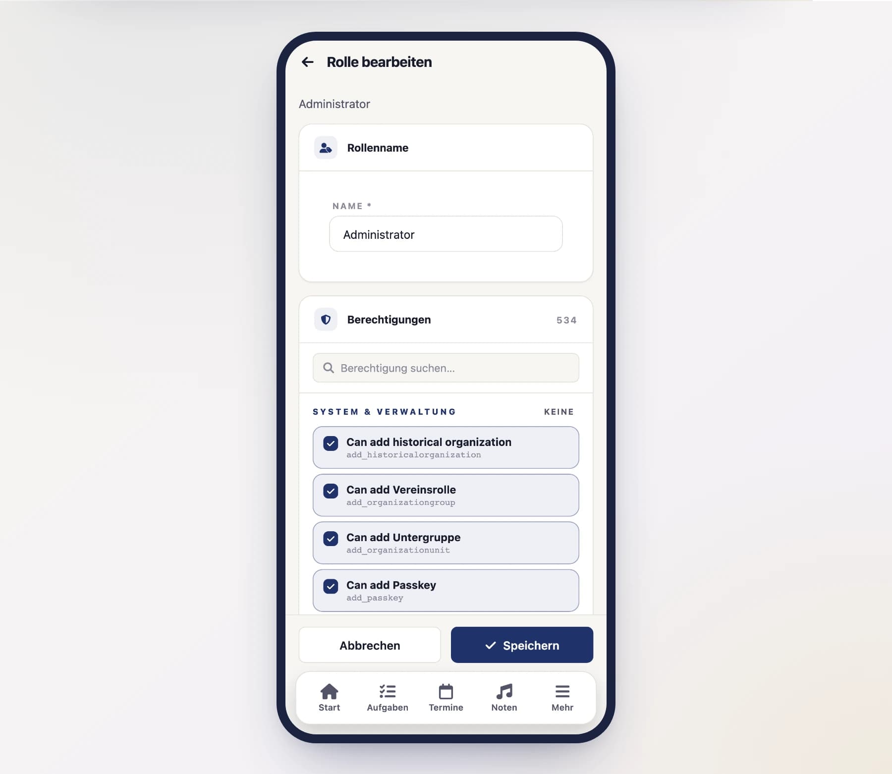 Edit role (OrganizationGroupEditScreen) with permission checkboxes grouped by area on a phone