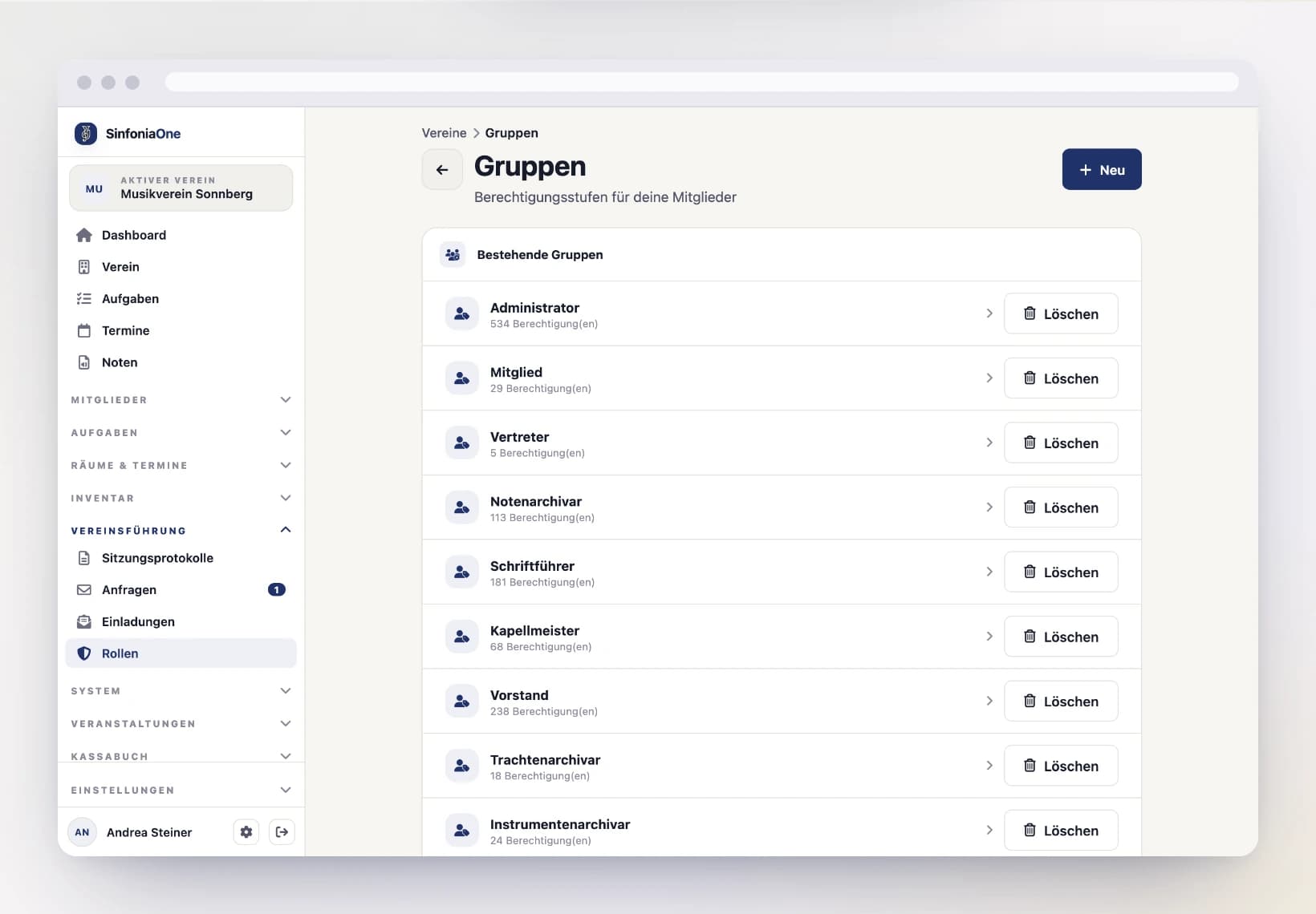 Roles overview (OrganizationGroupsScreen) with a list of roles and a "New" button on a computer