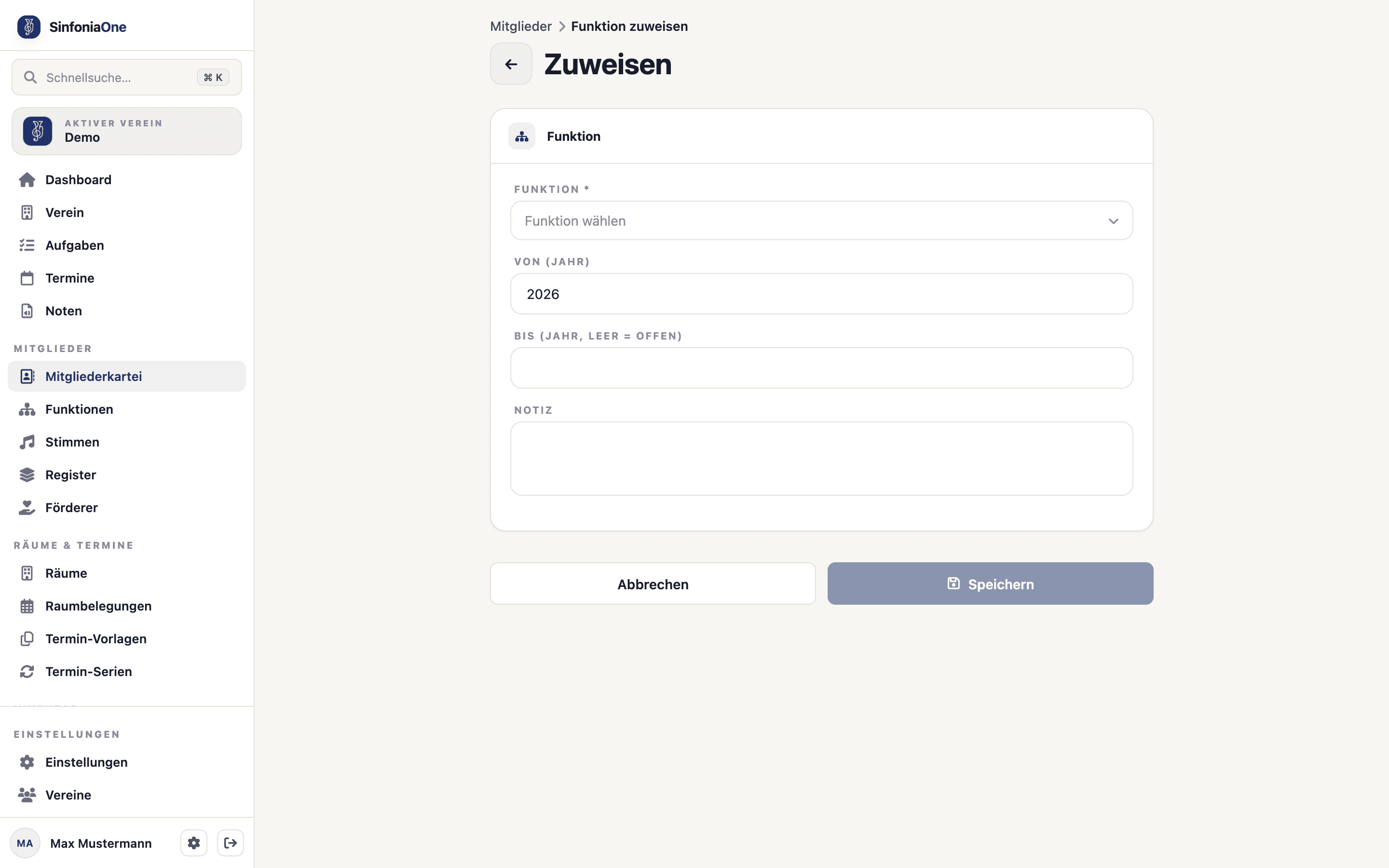 Form "Assign position" (MemberRoleAssignmentFormScreen) with office selection and from/to year