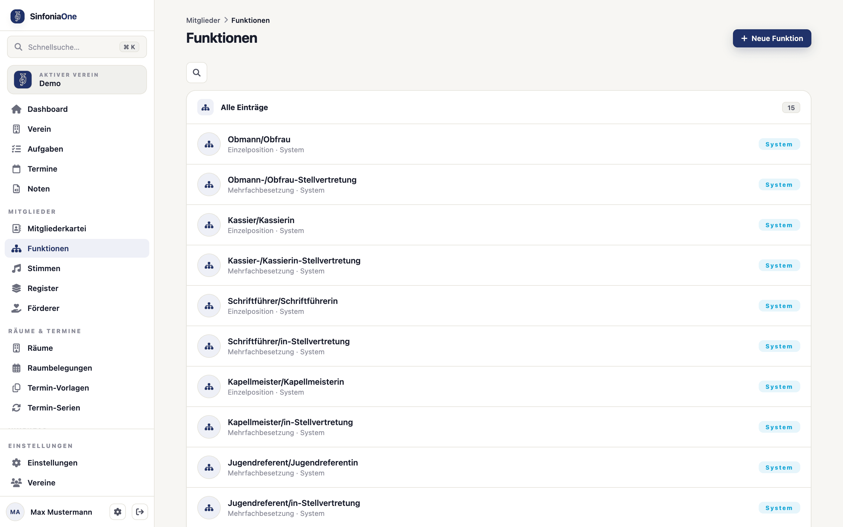 Positions list (RolesScreen) with offices like chairperson, treasurer, conductor