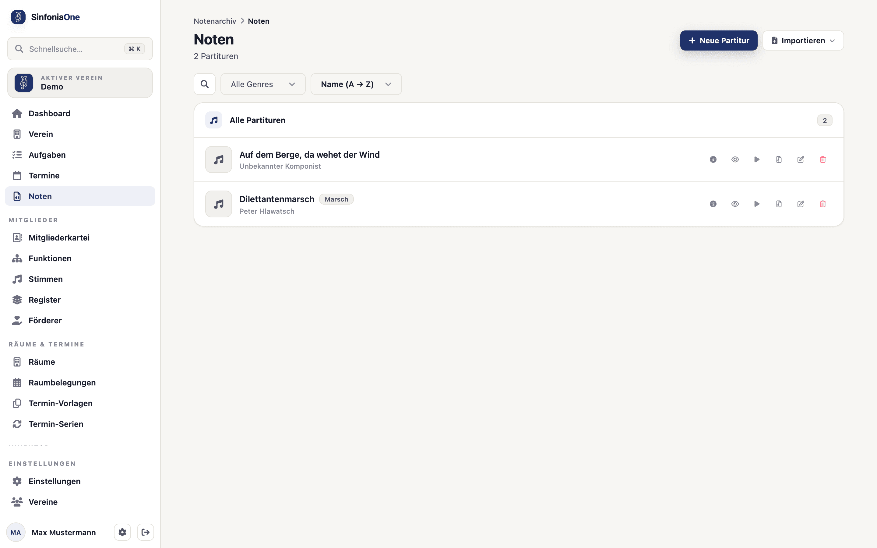 Noten-Übersicht (ScoresScreen) mit Liste der Stücke und Button „Neu"