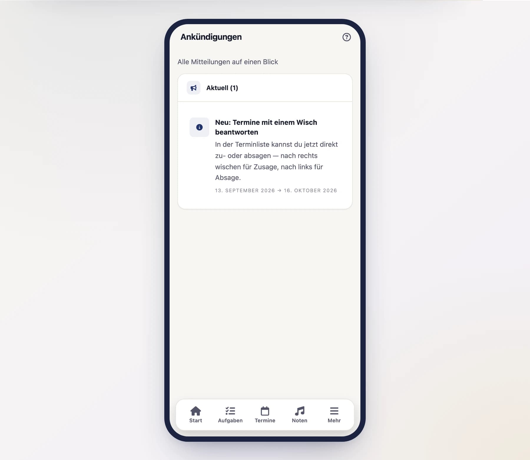 A displayed announcement (AnnouncementsScreen) as a slide-up banner with title, text, and button on a phone