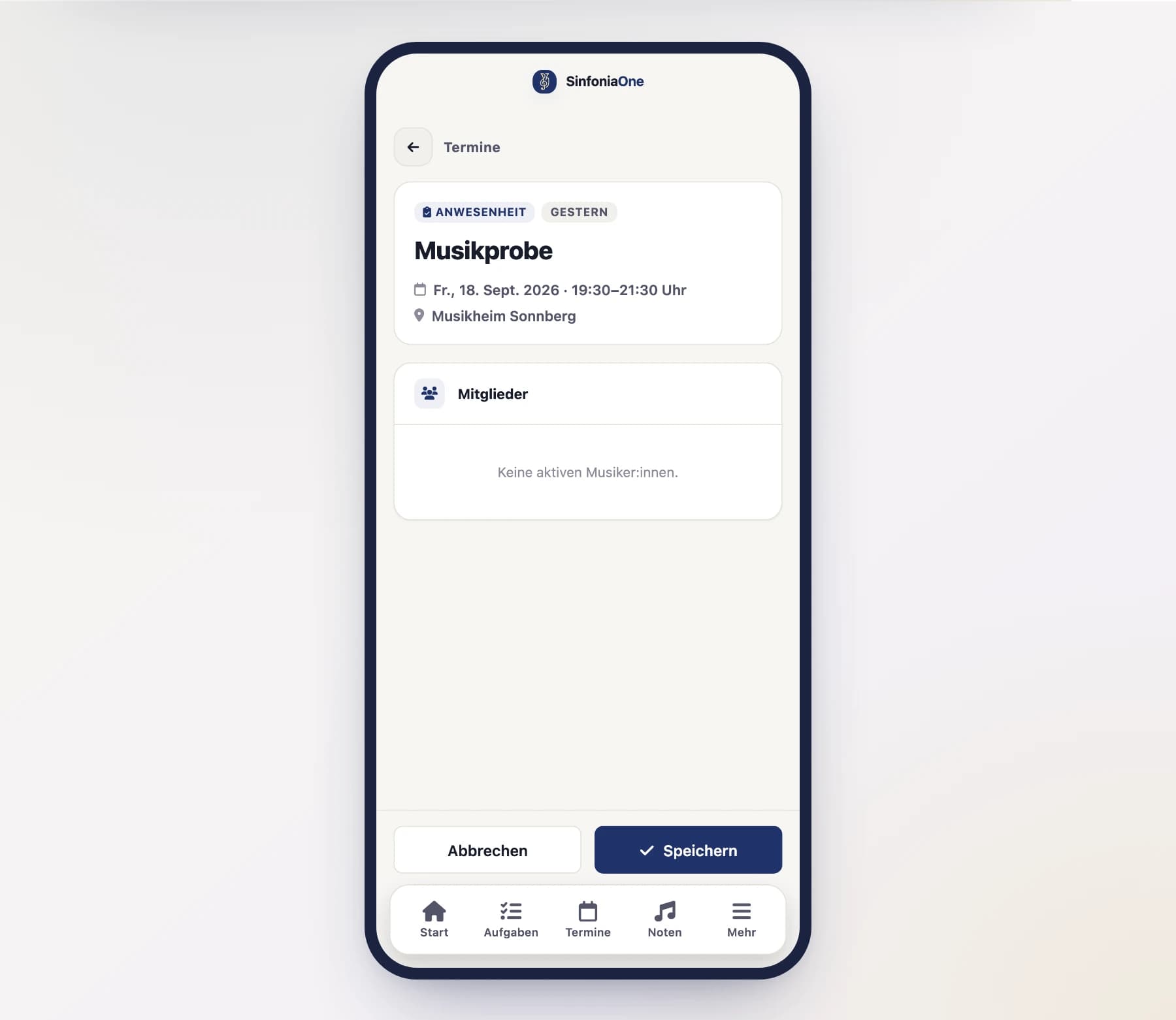 Attendance overview (AppointmentAttendanceScreen) with section breakdown and progress on a phone