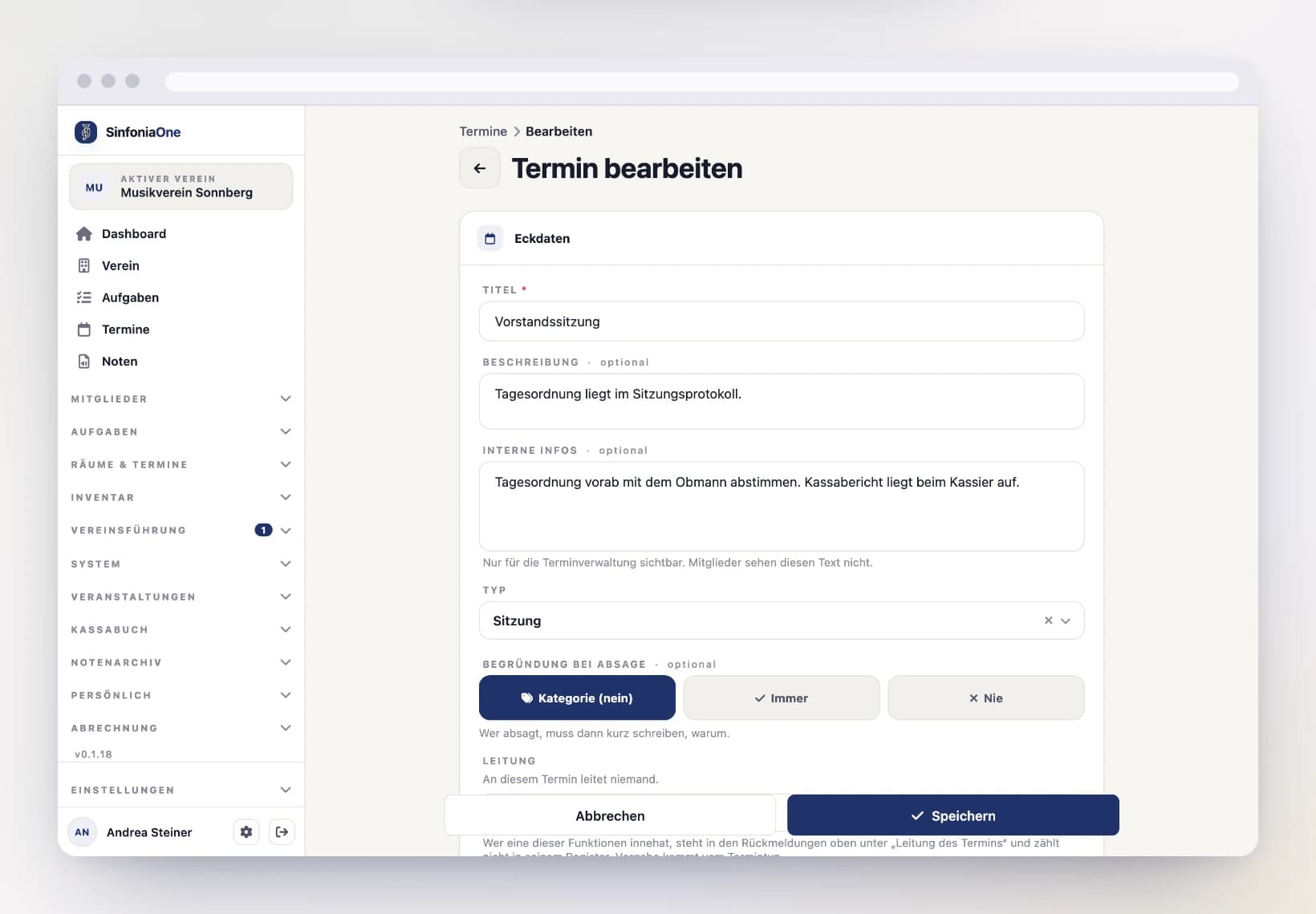 Event form (AppointmentFormScreen) with title, description and type selection on a computer