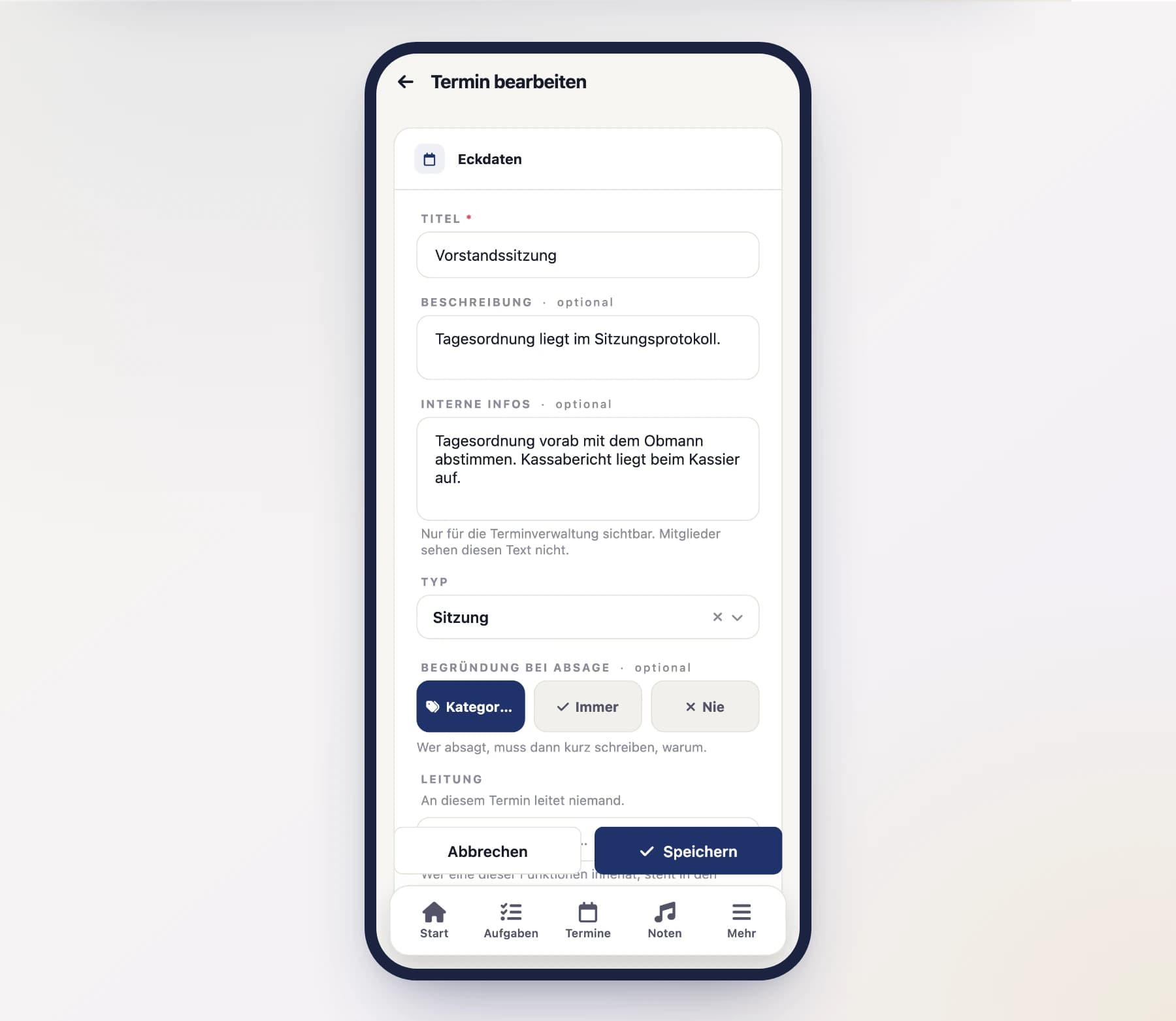 Event form (AppointmentFormScreen) with title, description and type selection on a phone