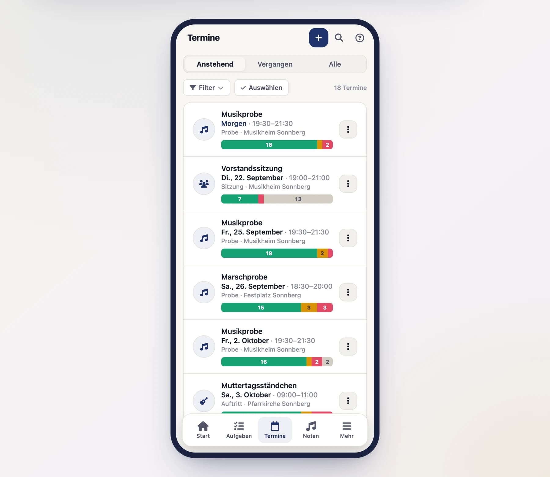 Event list (AppointmentListScreen) with upcoming rehearsals and performances on a phone