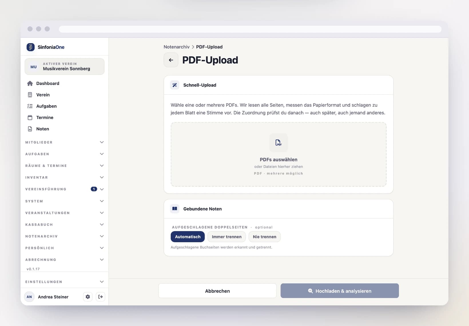 Upload screen (AutoUploadScreen): the rights question comes before the file selection, on a computer