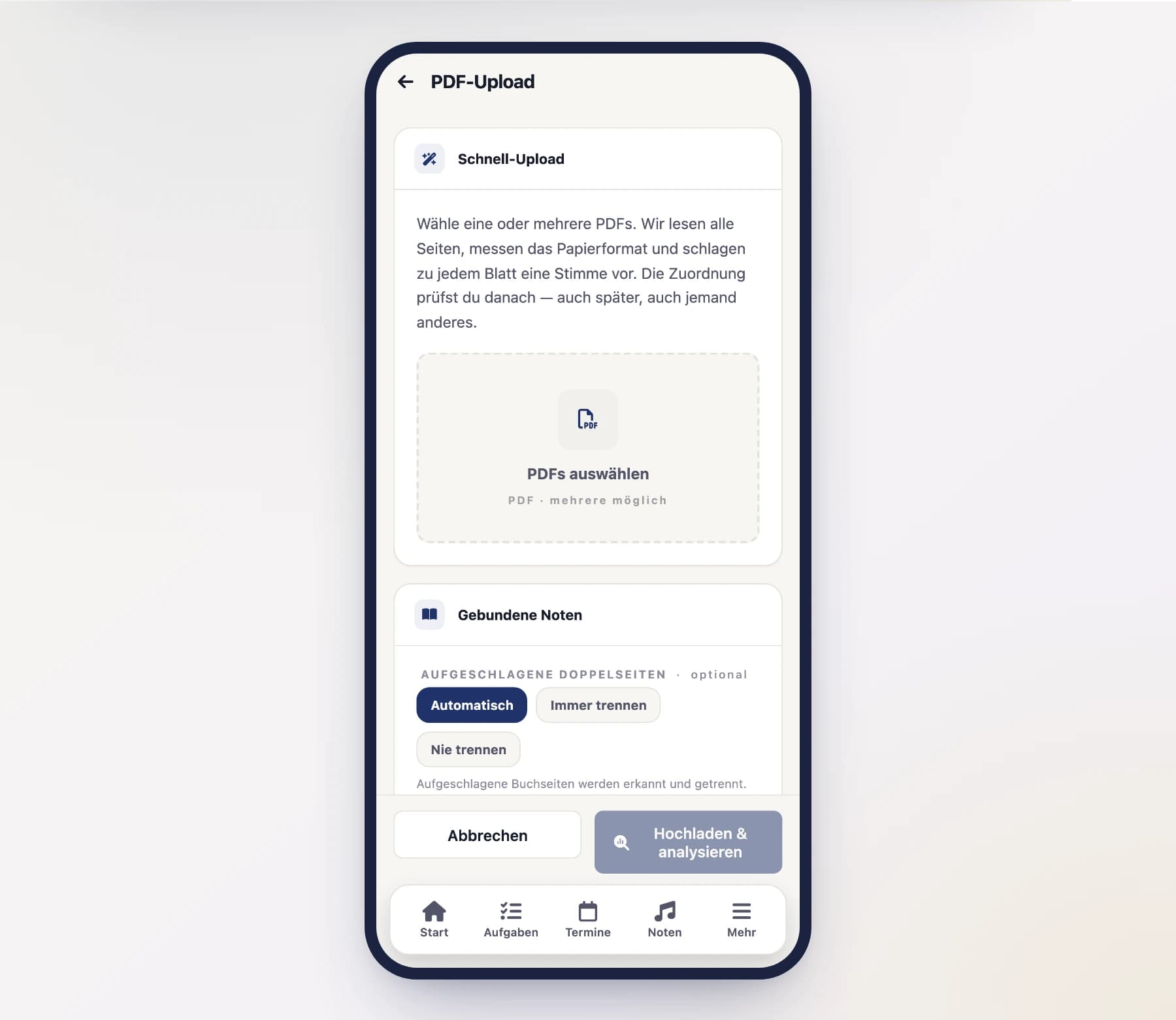 Upload screen (AutoUploadScreen): the rights question comes before the file selection, on a phone