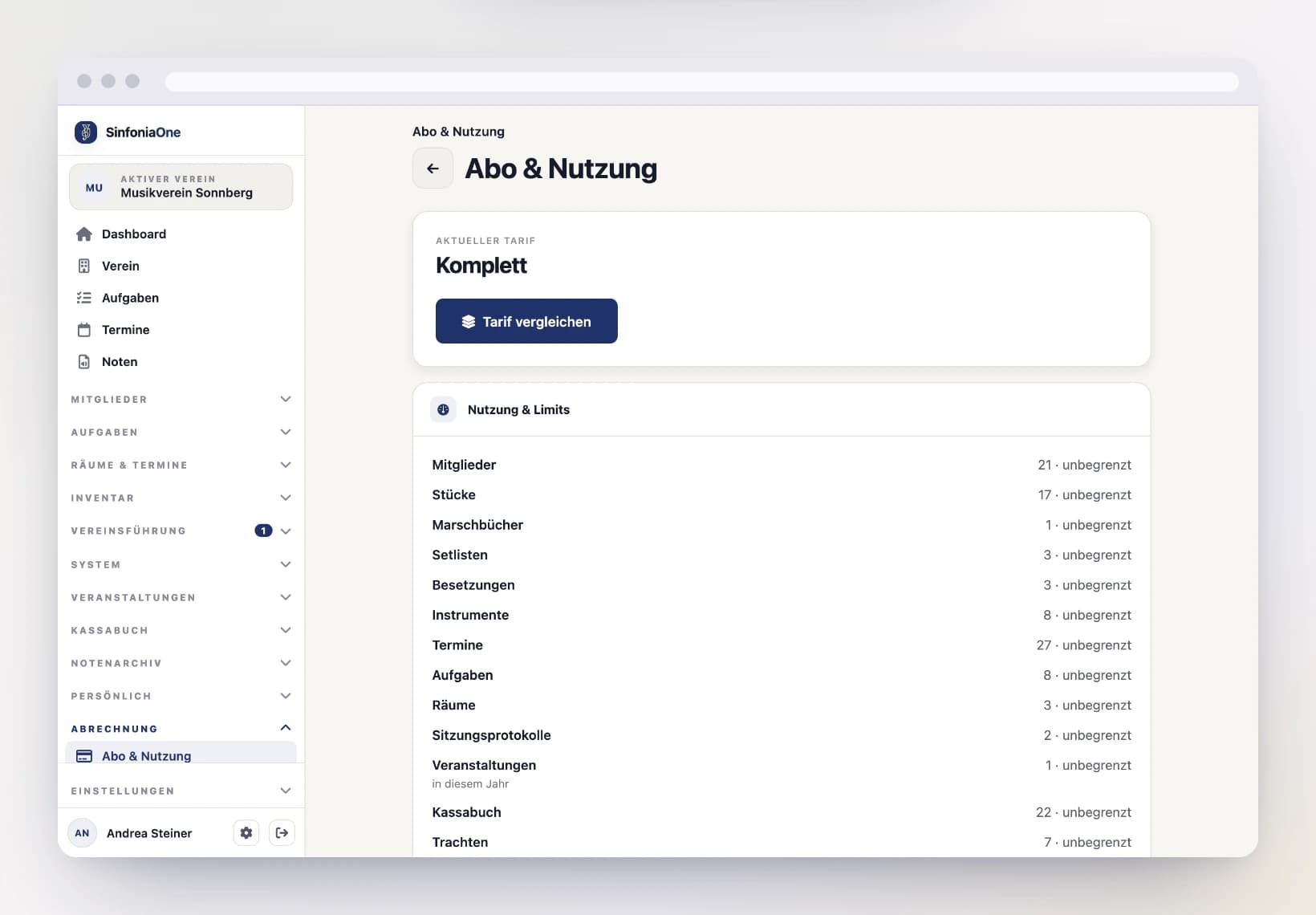Billing overview in the browser (BillingOverviewScreen) with the current plan and usage on a computer