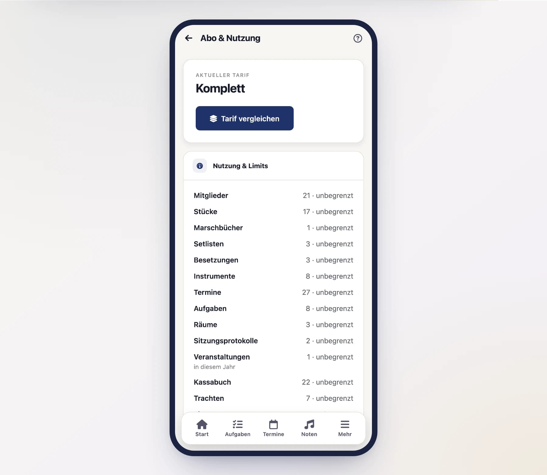 Billing overview in the browser (BillingOverviewScreen) with the current plan and usage on a phone