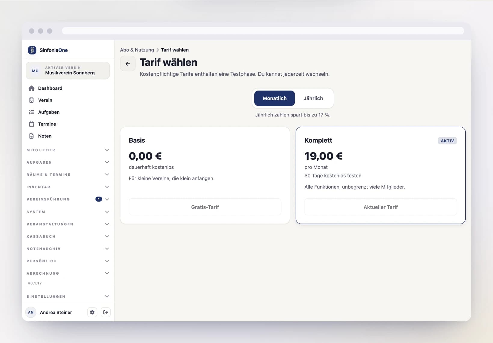 Plan selection in the browser (BillingPlansScreen) with the available plans on a computer