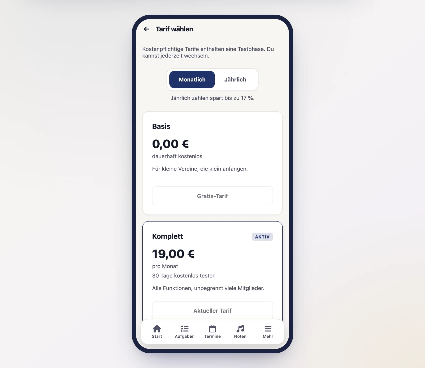 Plan selection in the browser (BillingPlansScreen) with the available plans on a phone