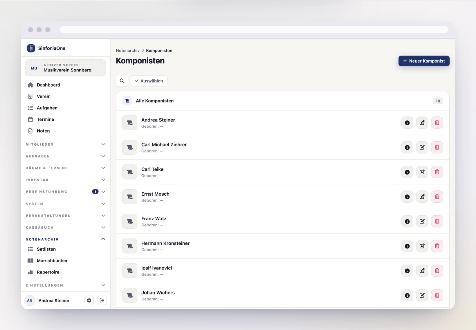Composers overview (ComposersScreen) with search field and name list on a computer