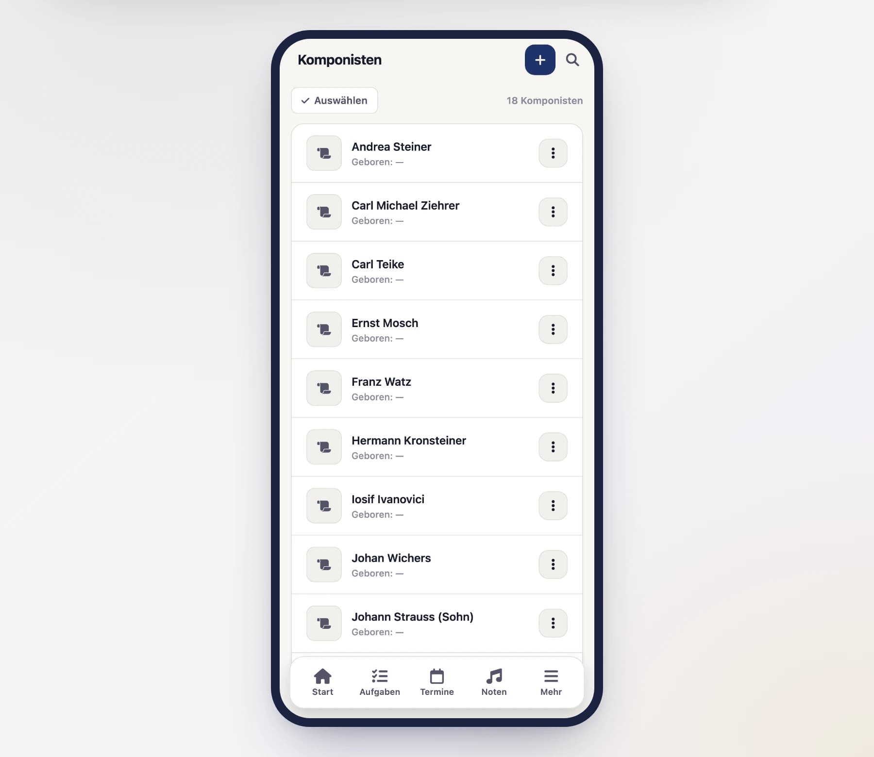 Composers overview (ComposersScreen) with search field and name list on a phone