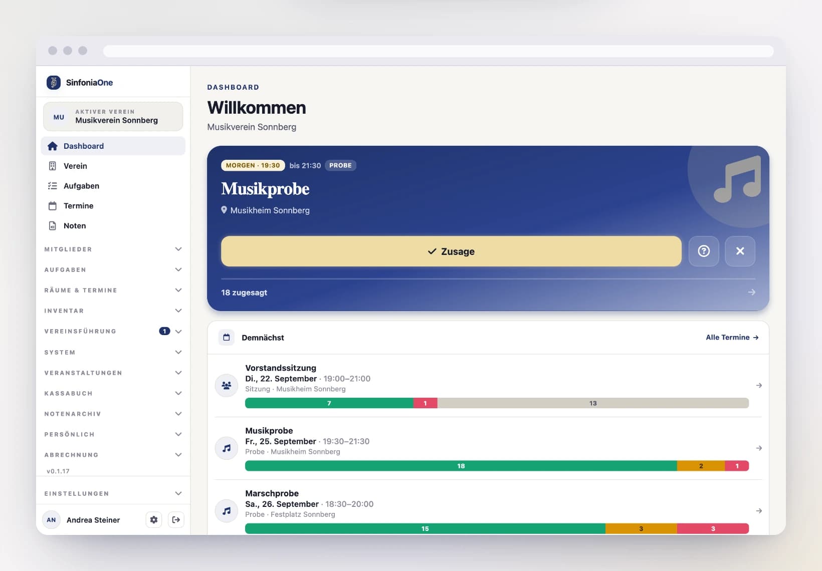 Desktop-Ansicht mit linker Seitenleiste (Sidebar) und Vereins-Umschalter oben am Computer