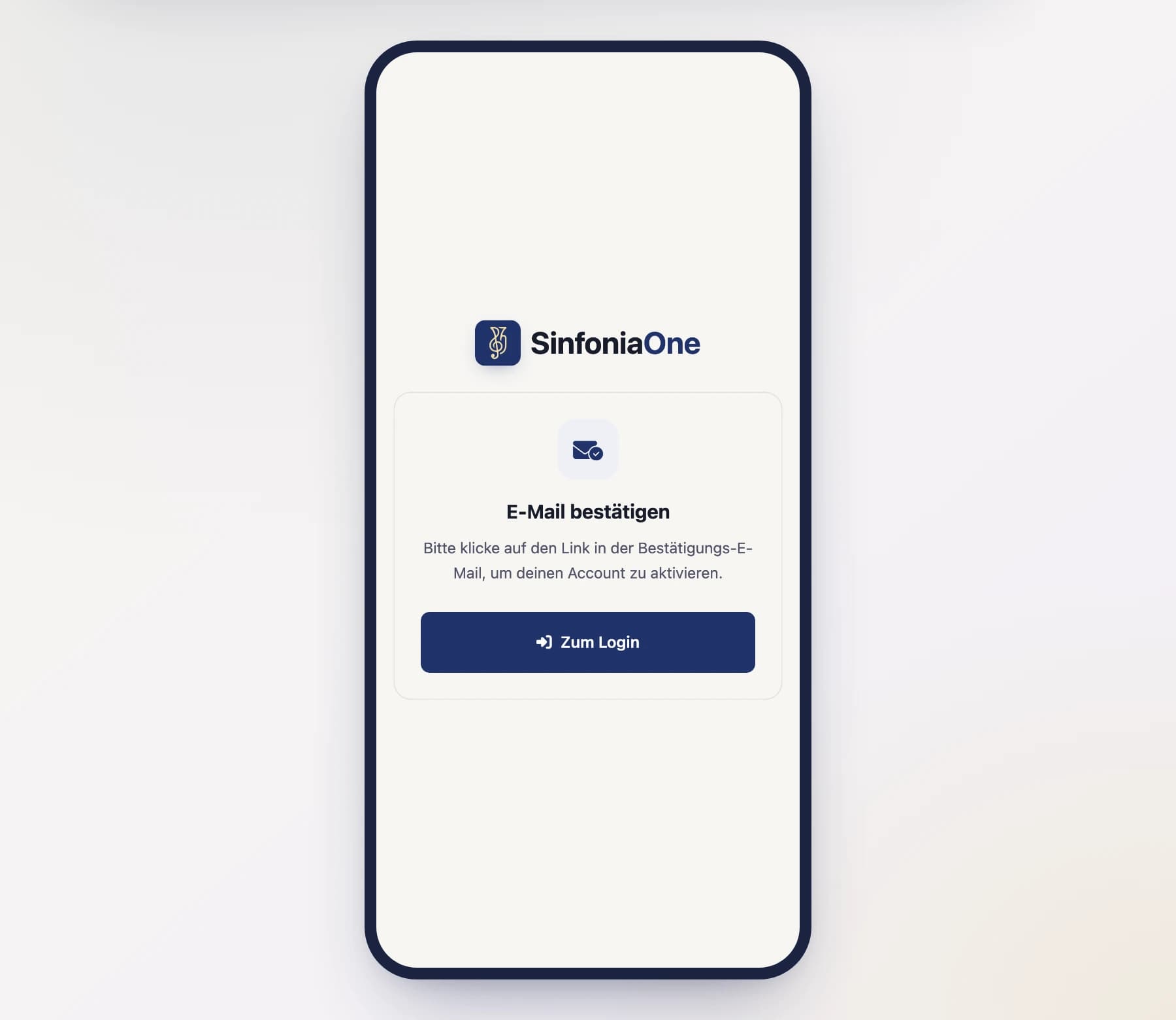 Screen “Confirm email” (EmailConfirmScreen) with a confirmation notice on a phone