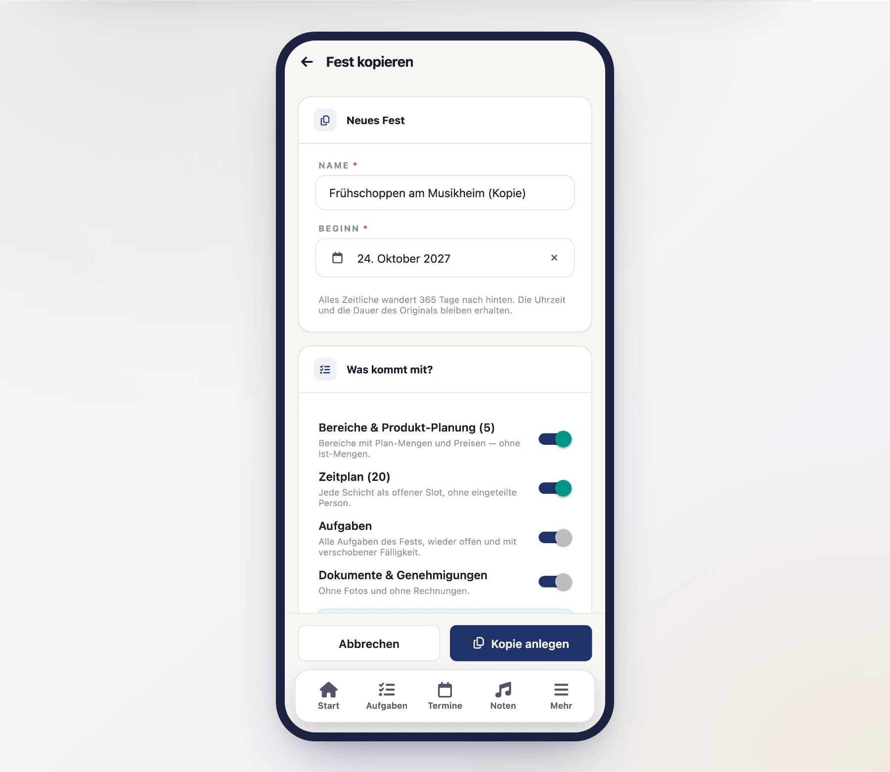 Creating a festival on a phone
