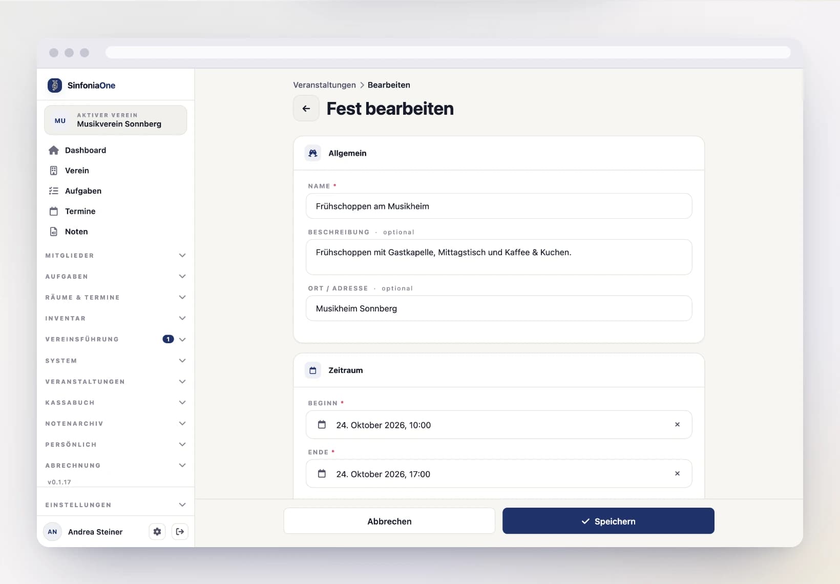 Festival form (EventFormScreen) with the fields name, time period and location on a computer
