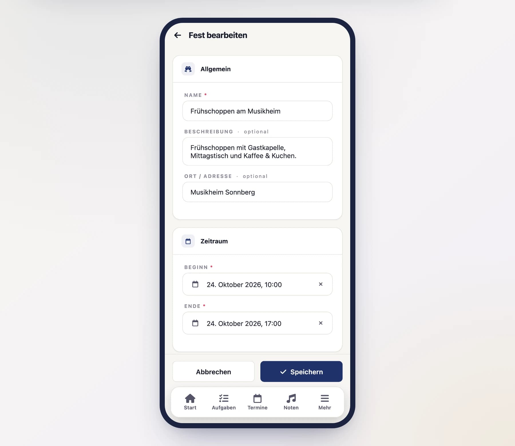 Festival form (EventFormScreen) with the fields name, time period and location on a phone