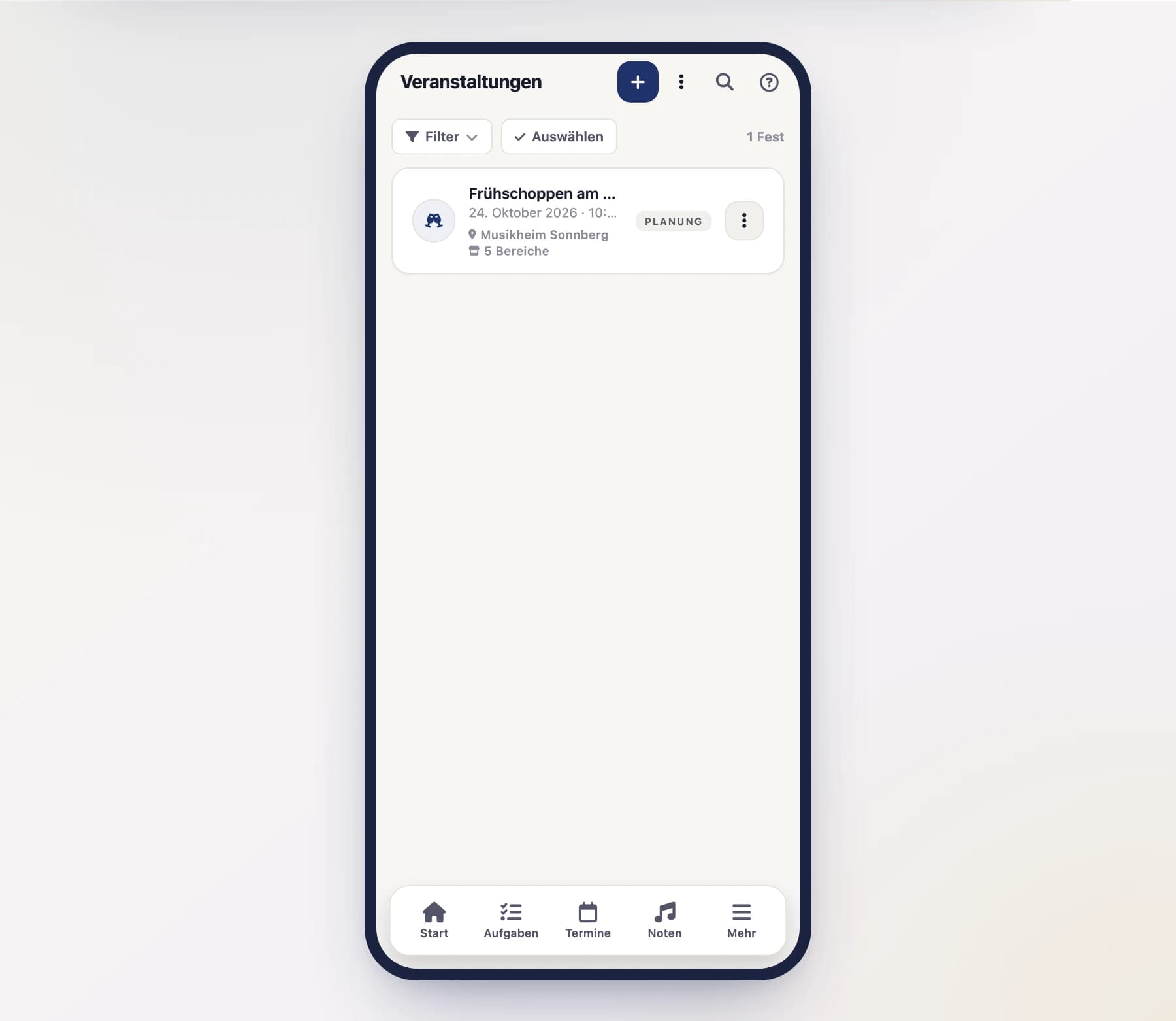 Festival list (EventListScreen) with upcoming and past festivals on a phone