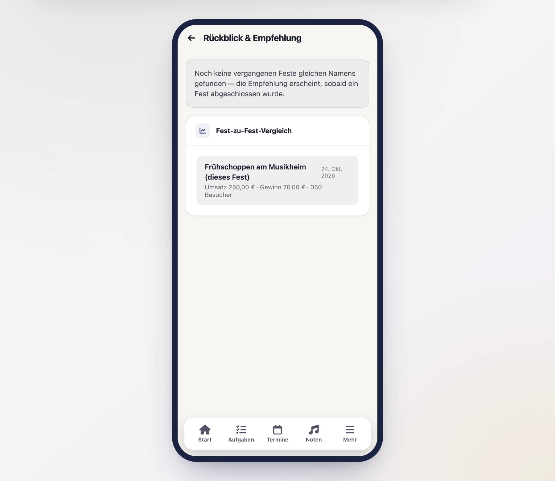 Fest-Rückblick (EventLookbackScreen) mit dem Vergleich mehrerer Jahre am Handy