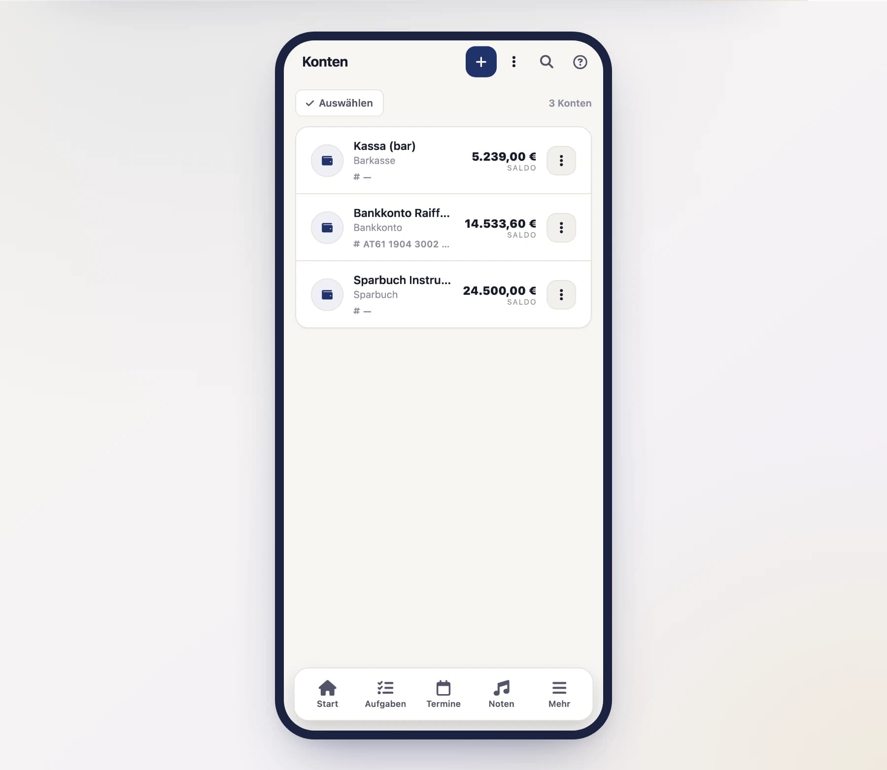 Kontenübersicht (FinanceAccountsScreen) mit mehreren Konten und ihren aktuellen Salden am Handy