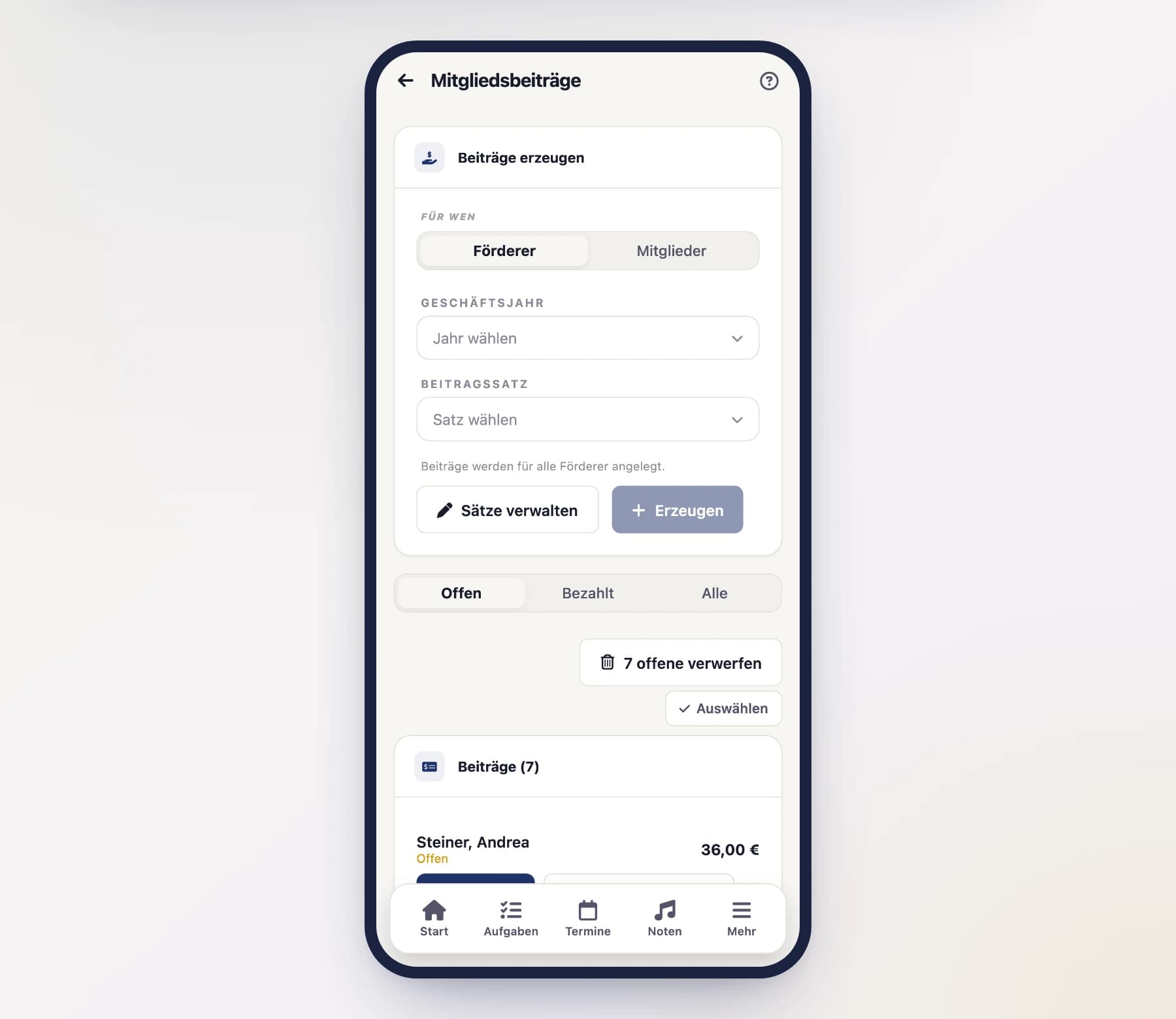 Mitgliedsbeiträge (FinanceMemberDuesScreen) mit Liste der Vorschreibungen und Statusfilter offen/bezahlt am Handy