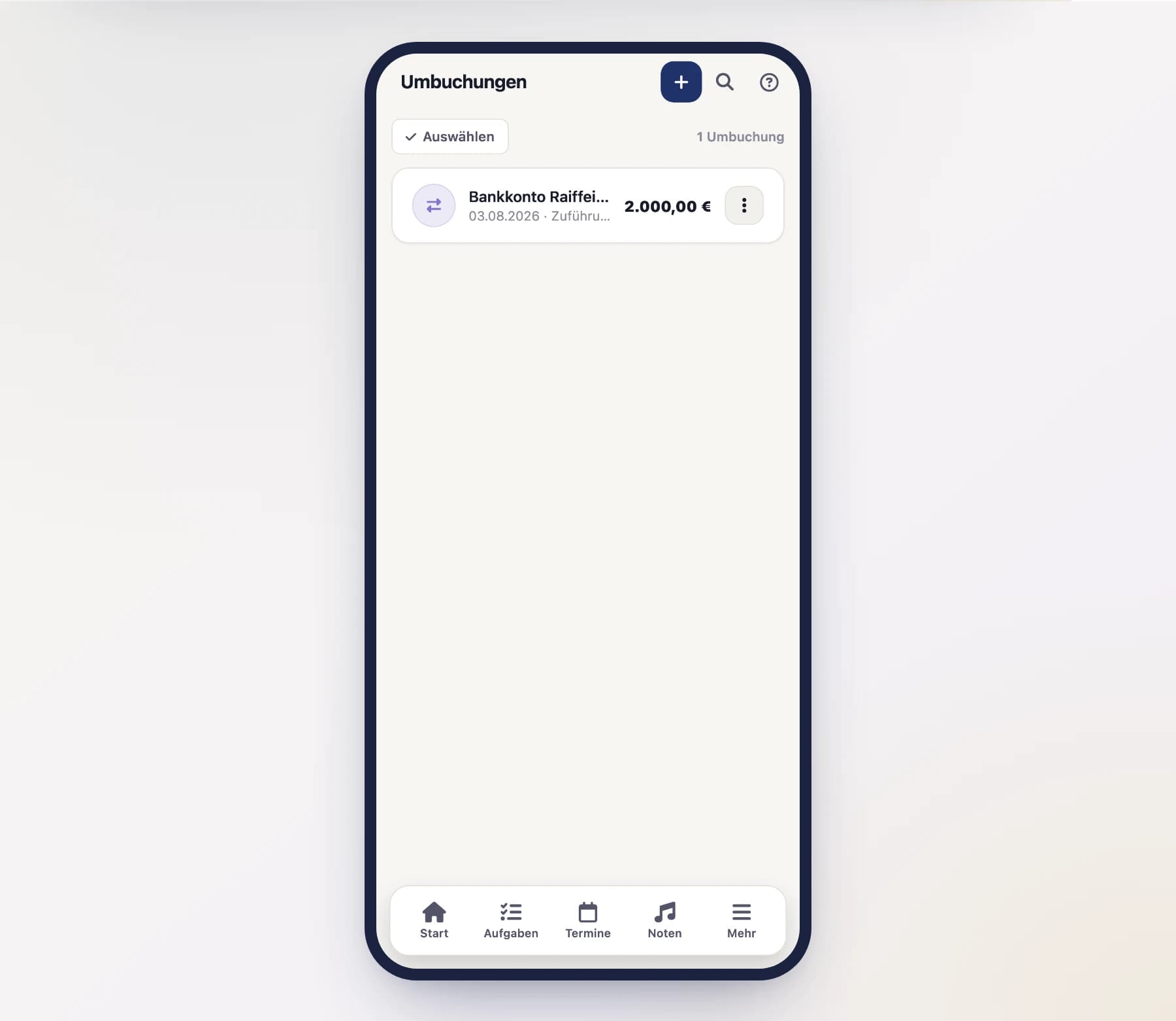Umbuchungen (FinanceTransfersScreen) mit Auswahl von Quell- und Zielkonto am Handy