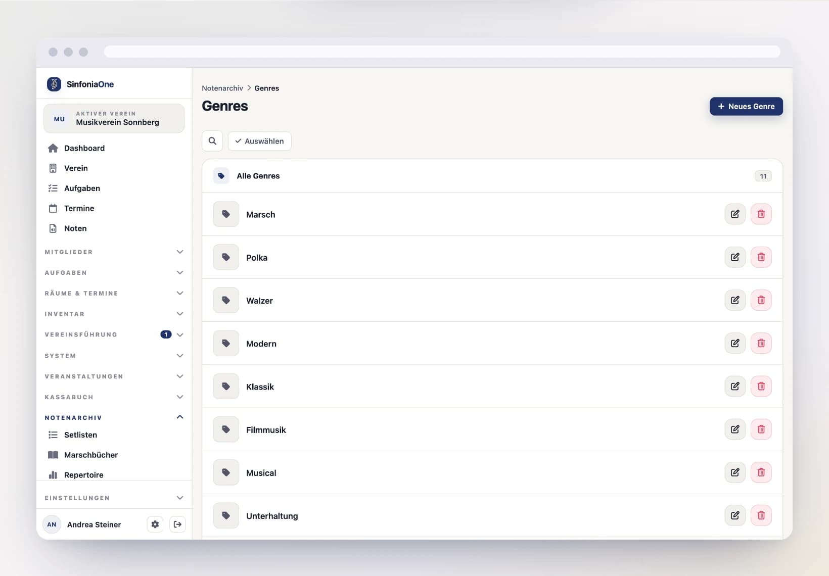 Genres overview (GenresScreen) with list of genres and the "New" button on a computer