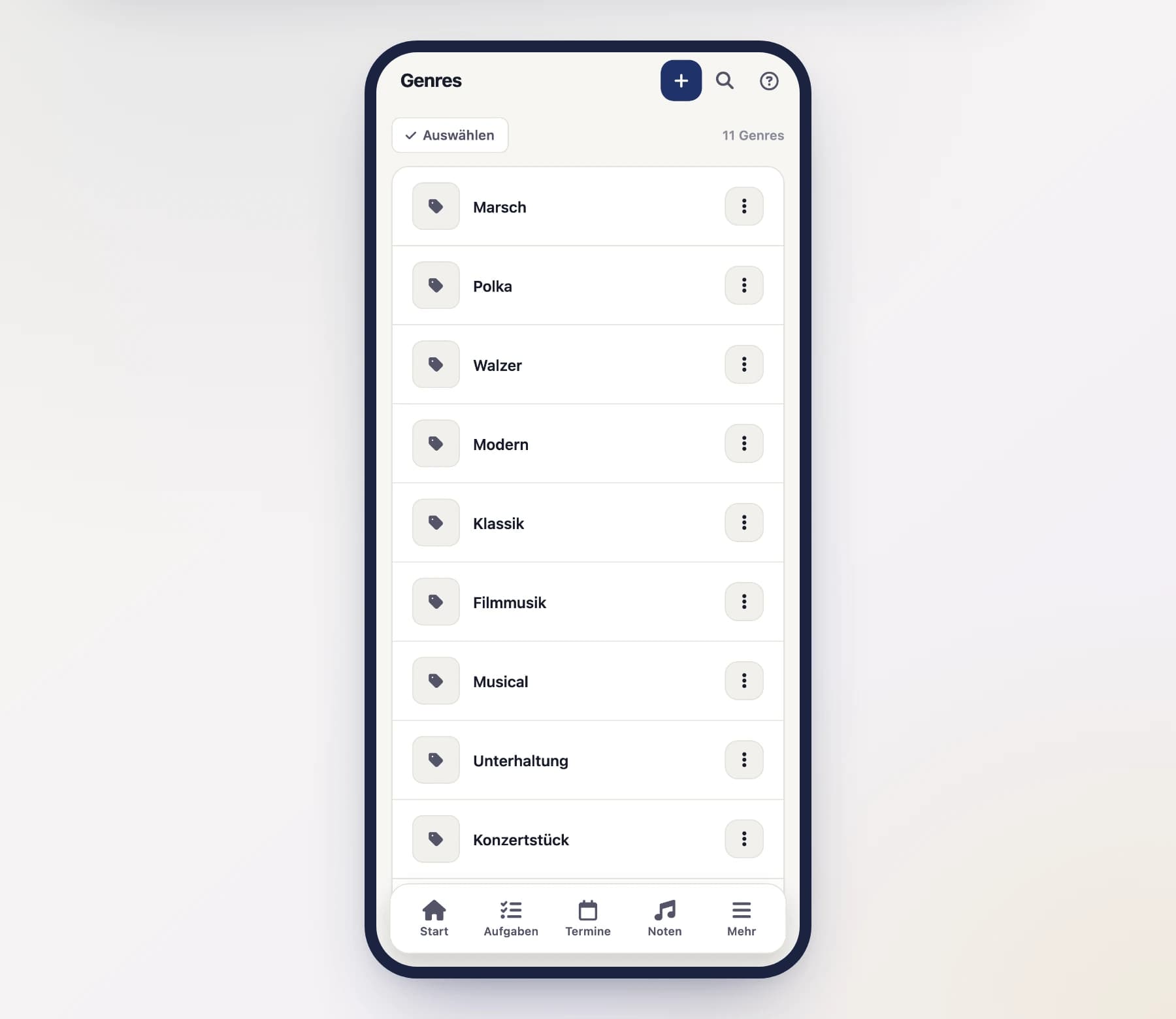 Genres overview (GenresScreen) with list of genres and the "New" button on a phone